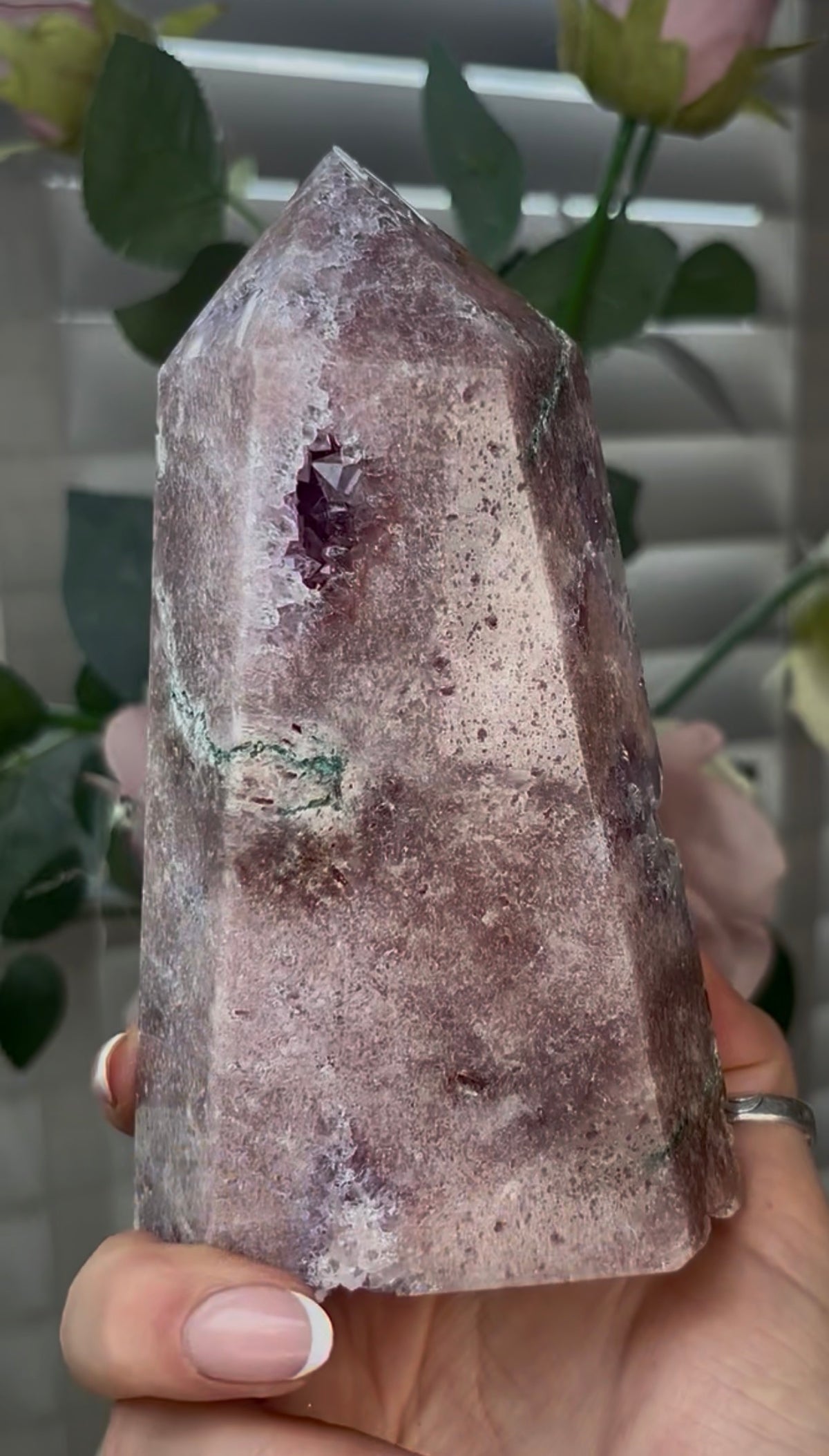 Beautiful, high quality, Pink amethyst tower with lilac quartz druzy teeth 14.7cm(h) by 8cm(w)