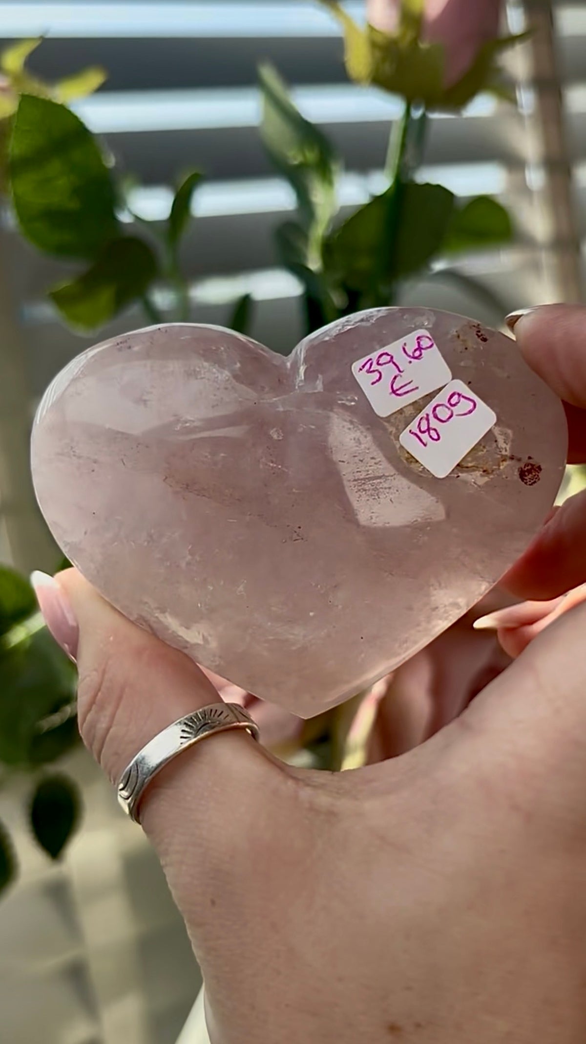 Gorgeous, high quality, pink amethyst quartz heart- comes with stand