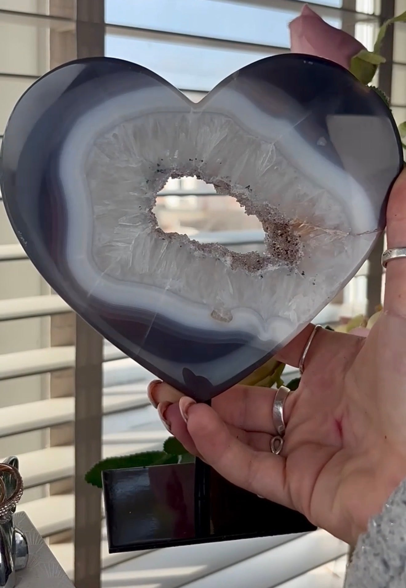 Gorgeous, high grade, blue banded agate heart on stand