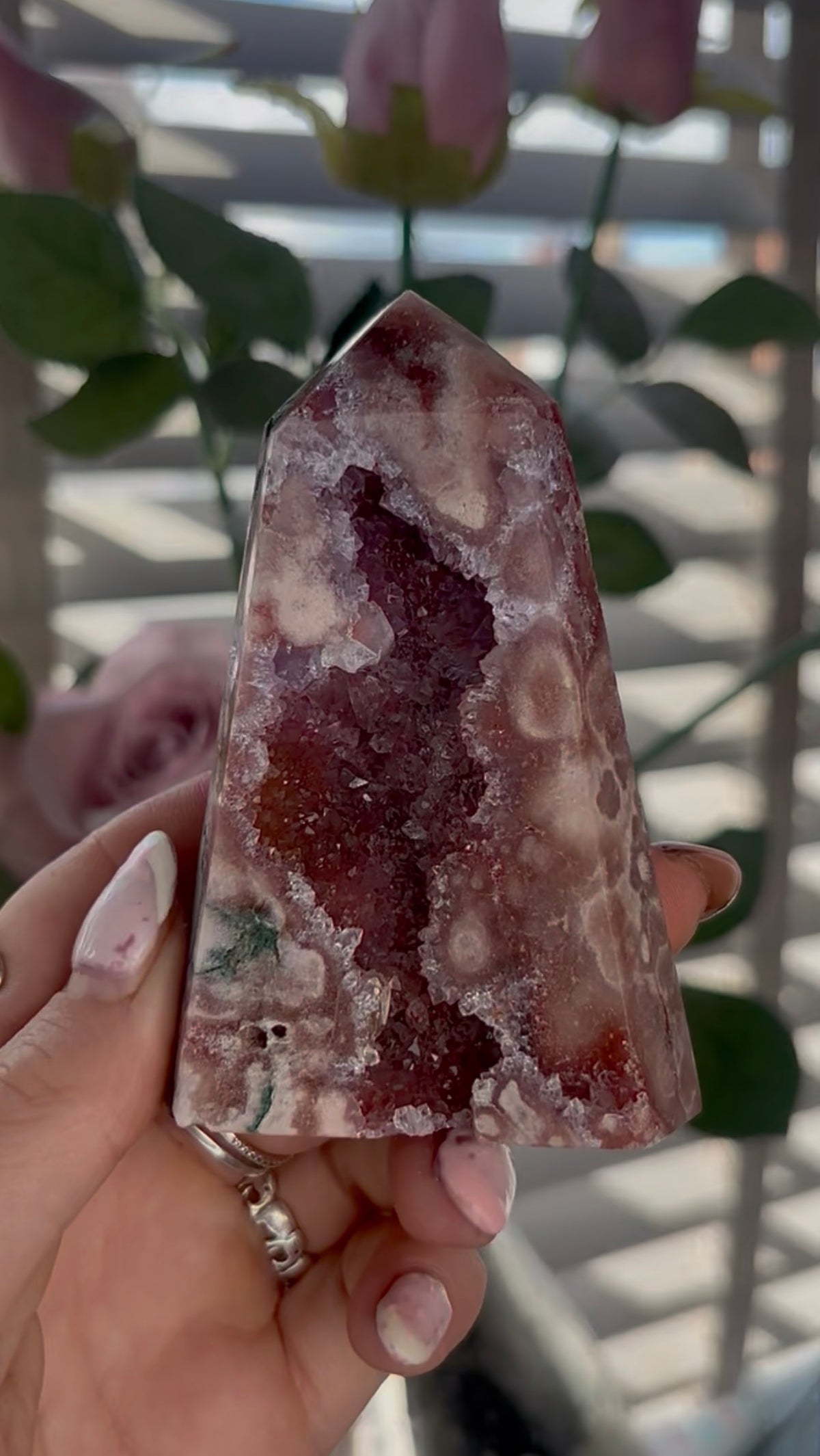 Beautiful, high quality, Pink amethyst tower with Green jasper & red hematite