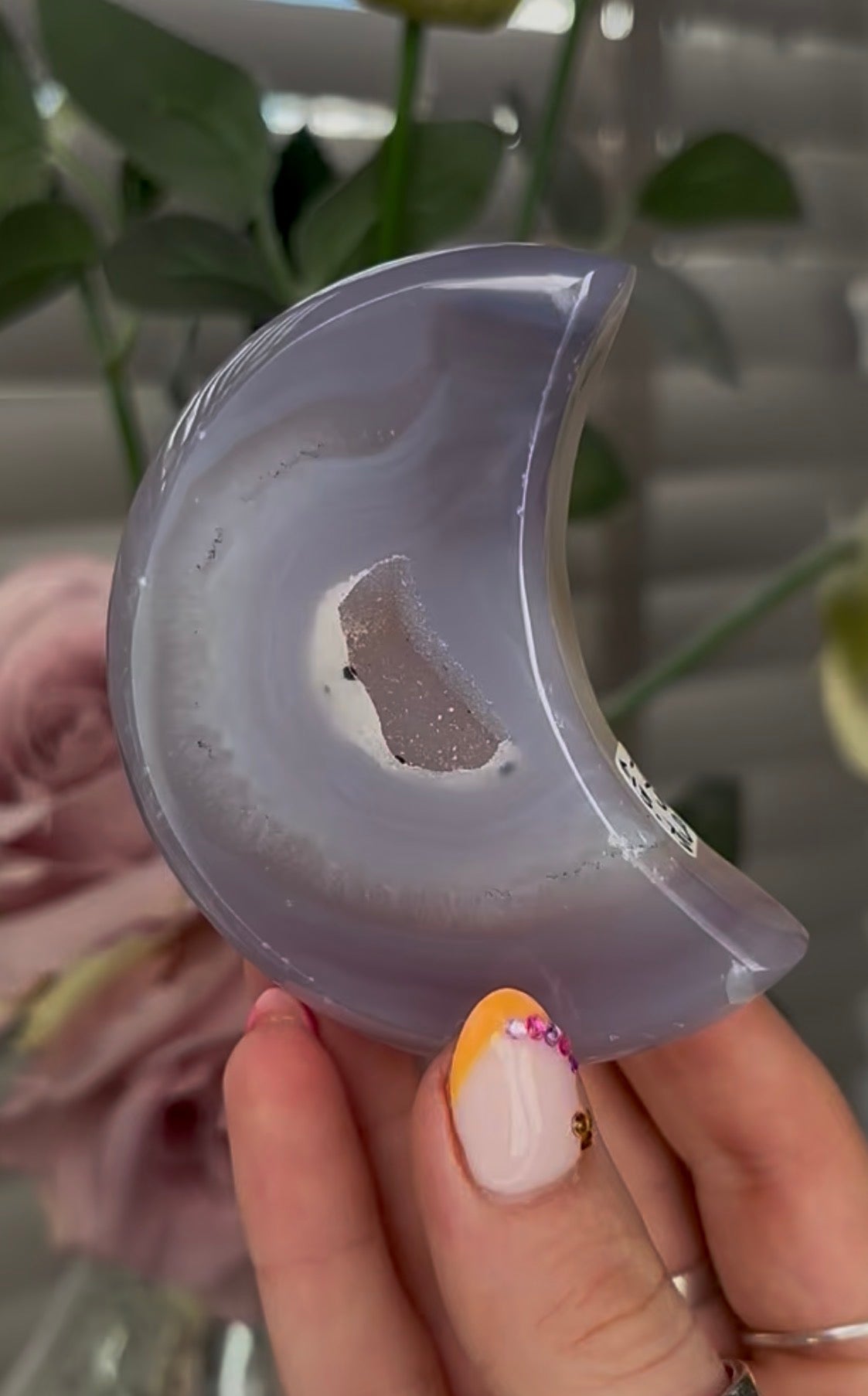 Beautiful, agate moon with druzy - stand included