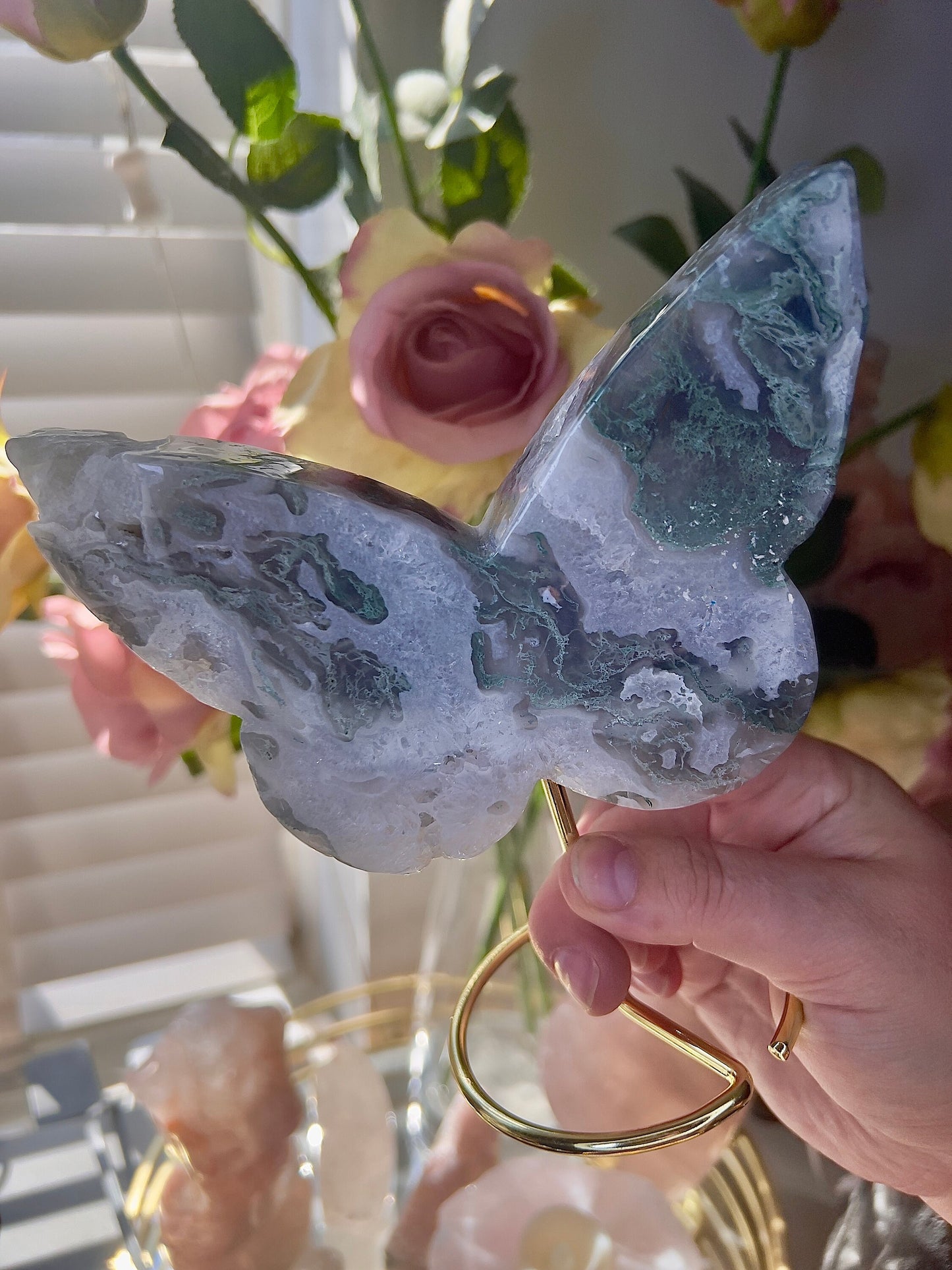 High grade, moss agate butterfly with gold pedestal stand