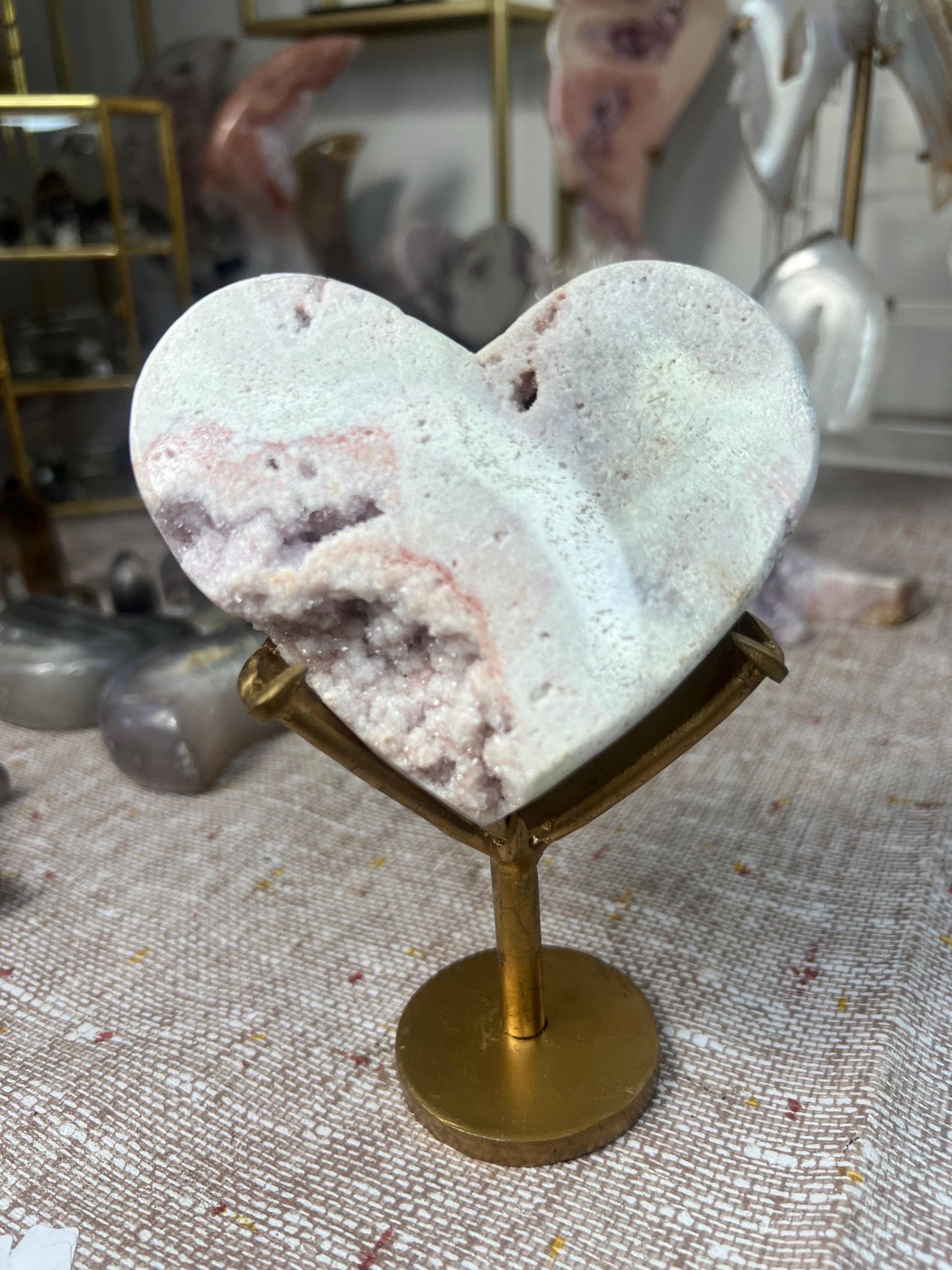Cute, baby pink amethyst heart on stand with super sugary druze