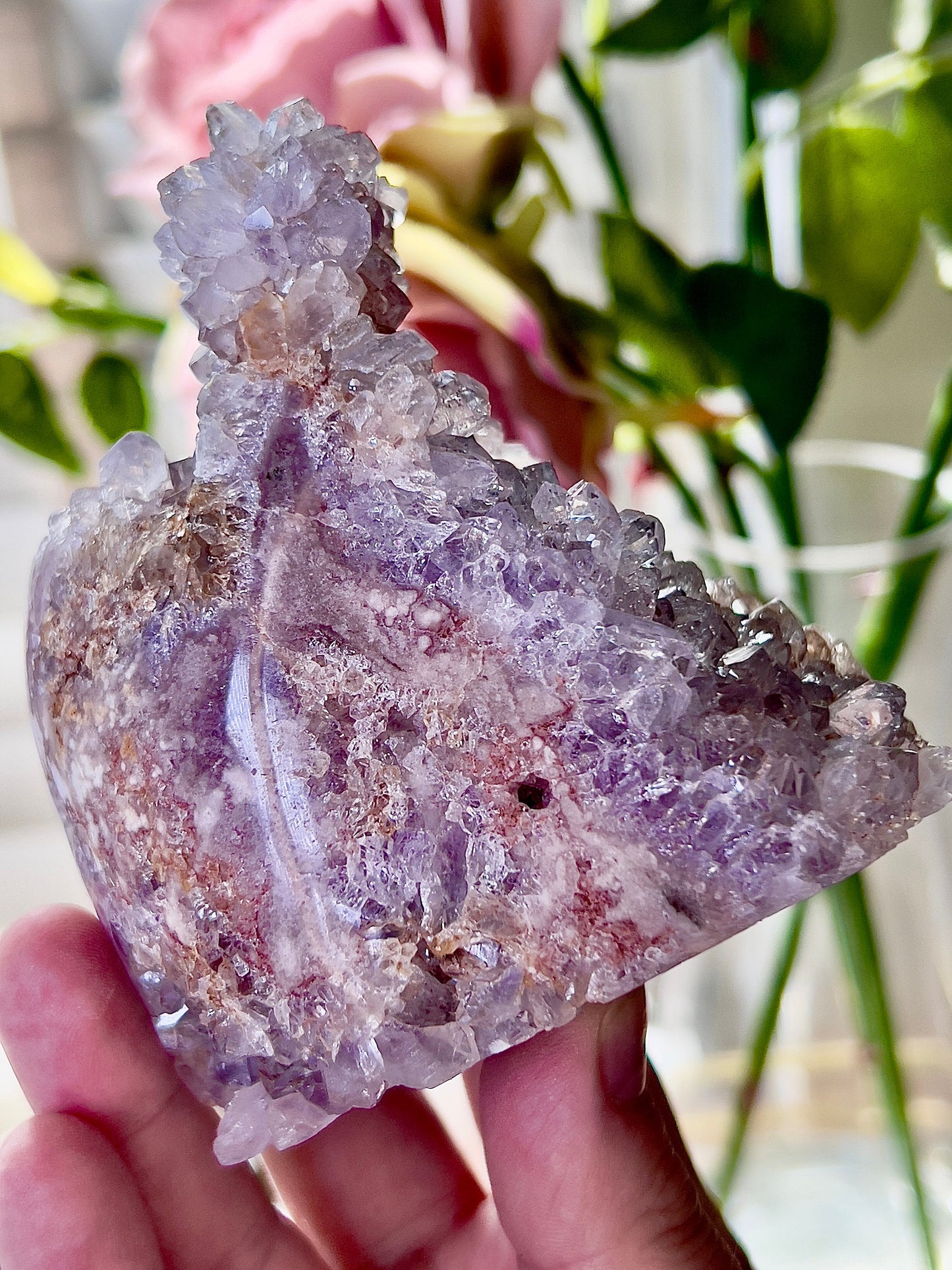 high quality, lilac, high clarity quartz druzy , pink amethyst Freeform with stalactite