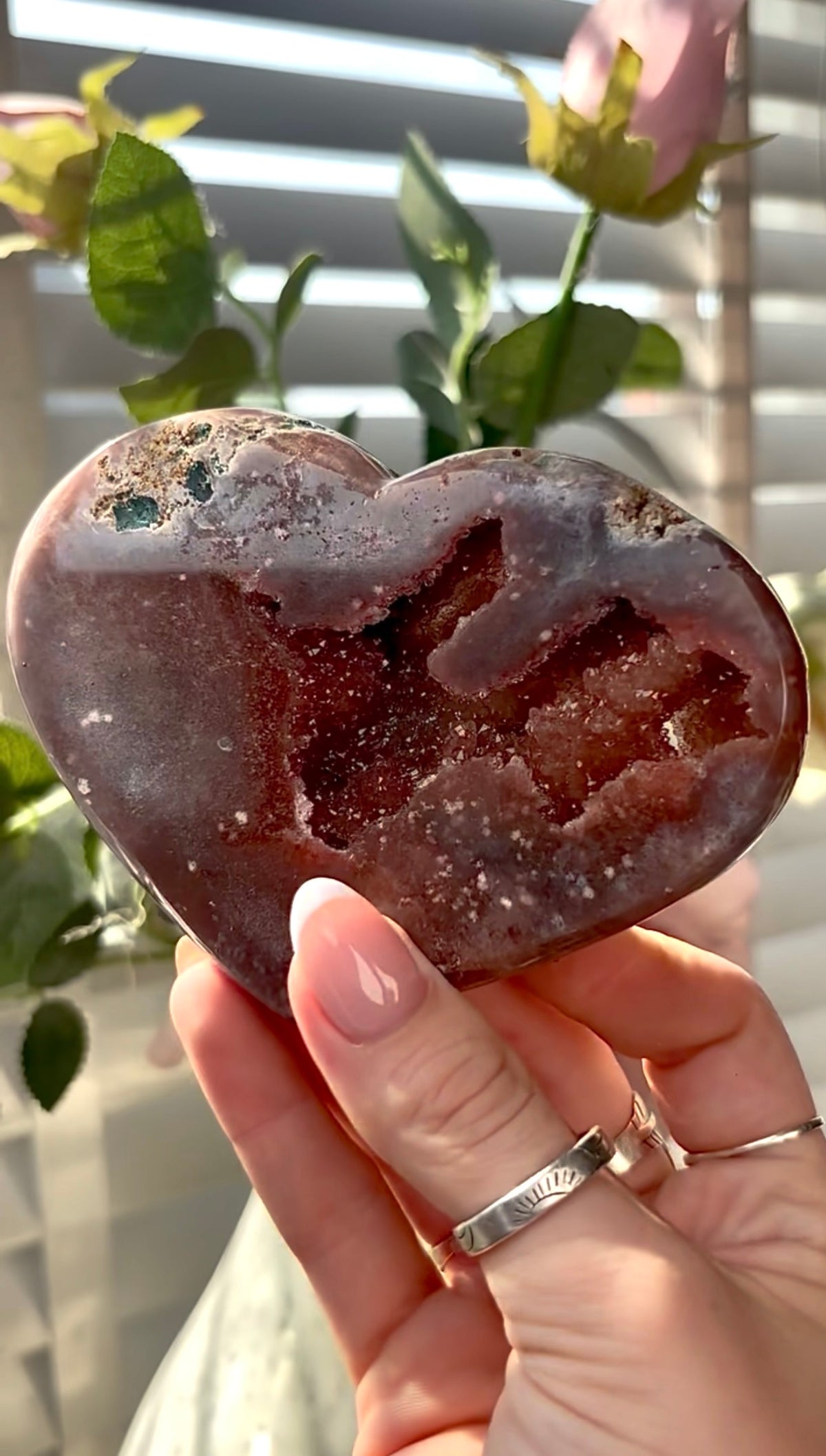 Gorgeous, high quality, berry red pink amethyst heart- comes with stand