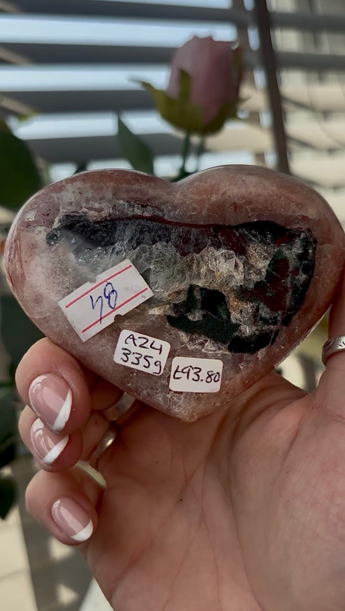 Gorgeous, high quality, pink amethyst heart with Jasper - comes with stand