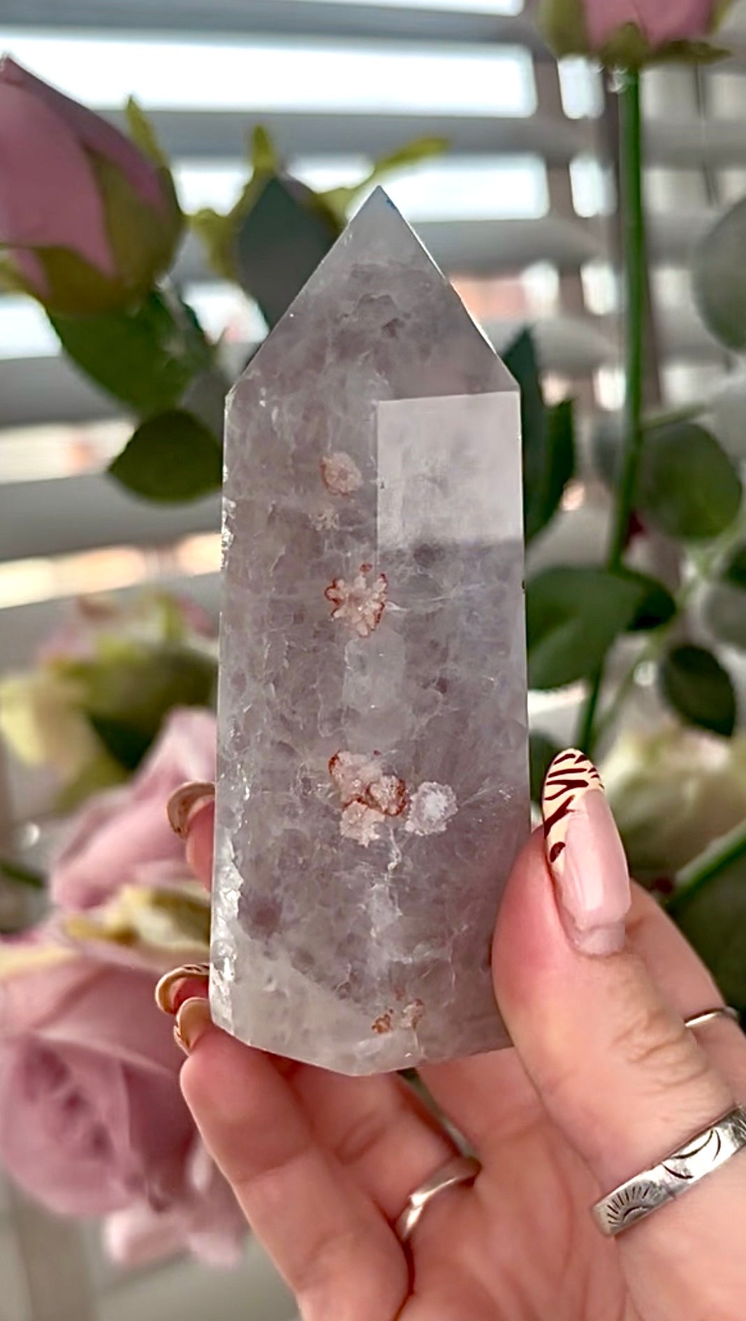 Stunning!! Super high quality, Druzy, green chlorite x blue flower agate tower
