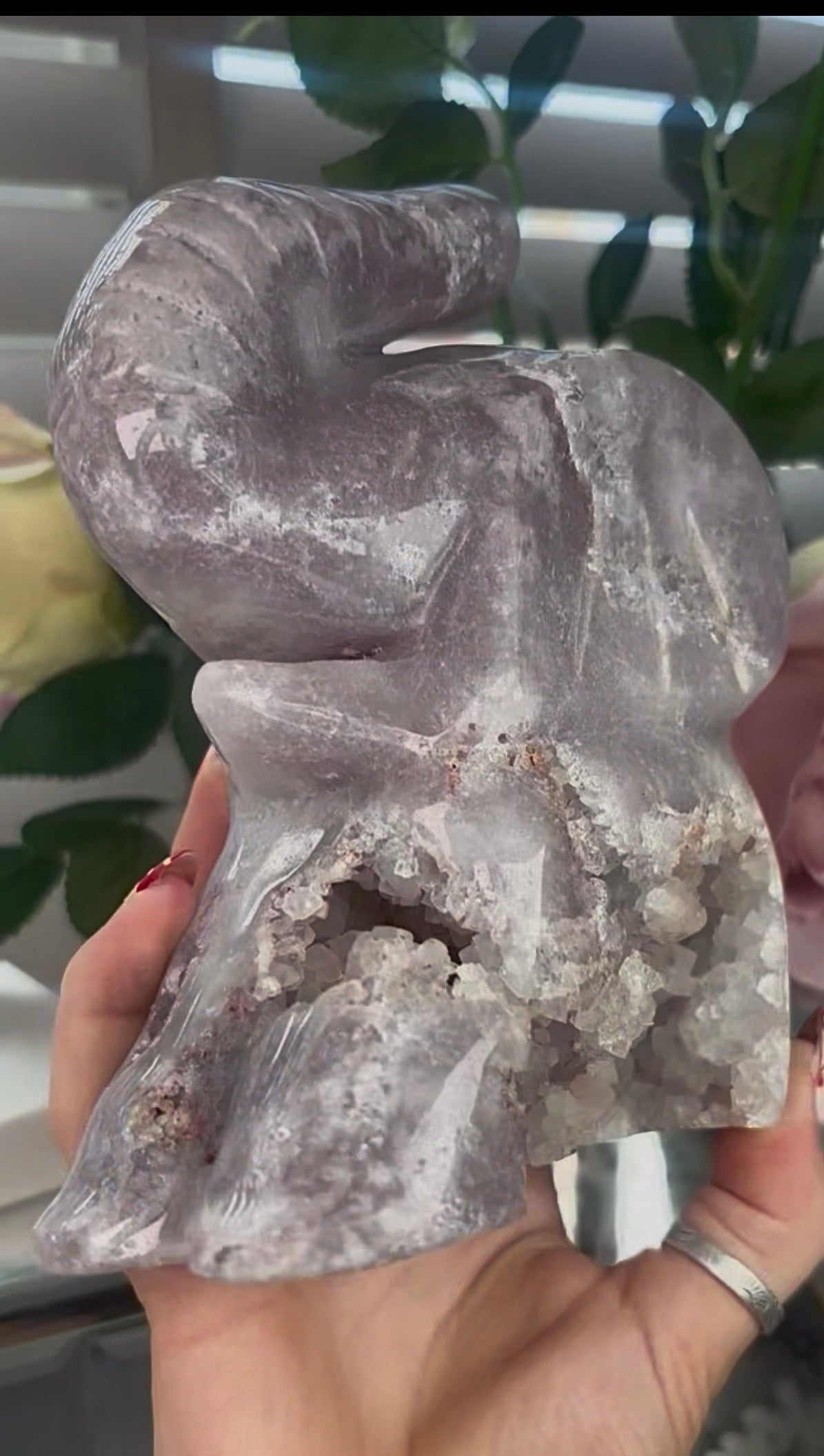 High grade, pink amethyst elephant carving with chunky druzy