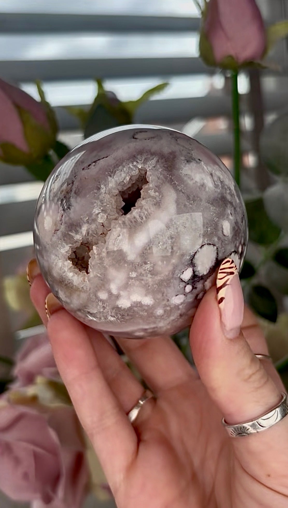 Stunning!! Super high quality, Druzy, green chlorite x blue flower agate sphere