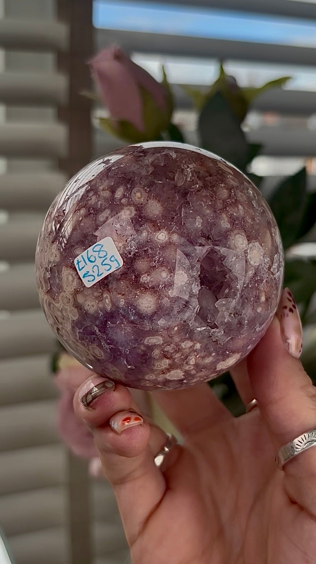High grade, amethyst Flower agate sphere with high clarity quartz