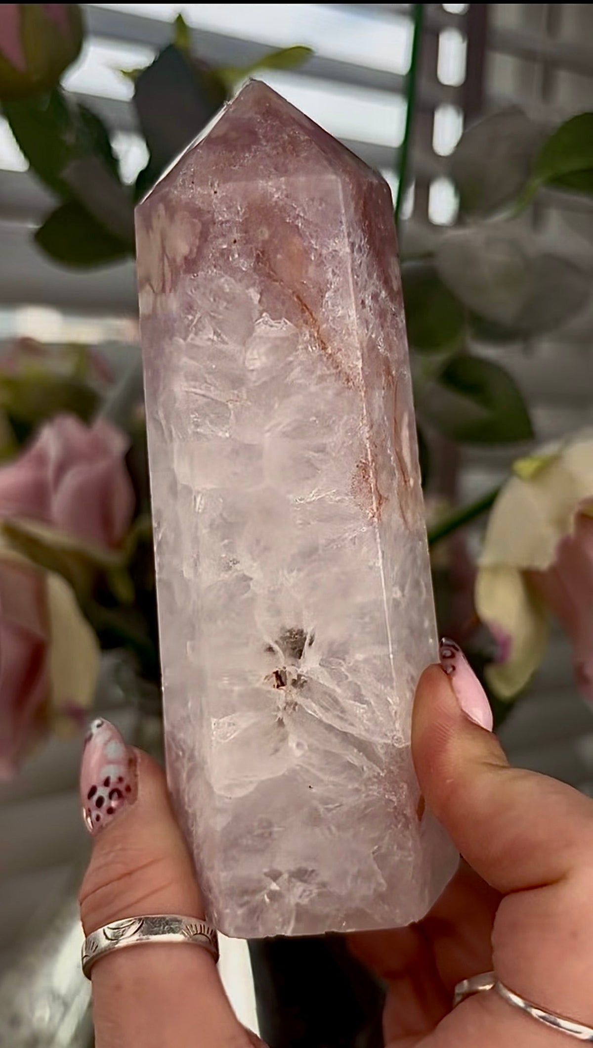 High grade, pink Flower agate tower with high clarity quartz
