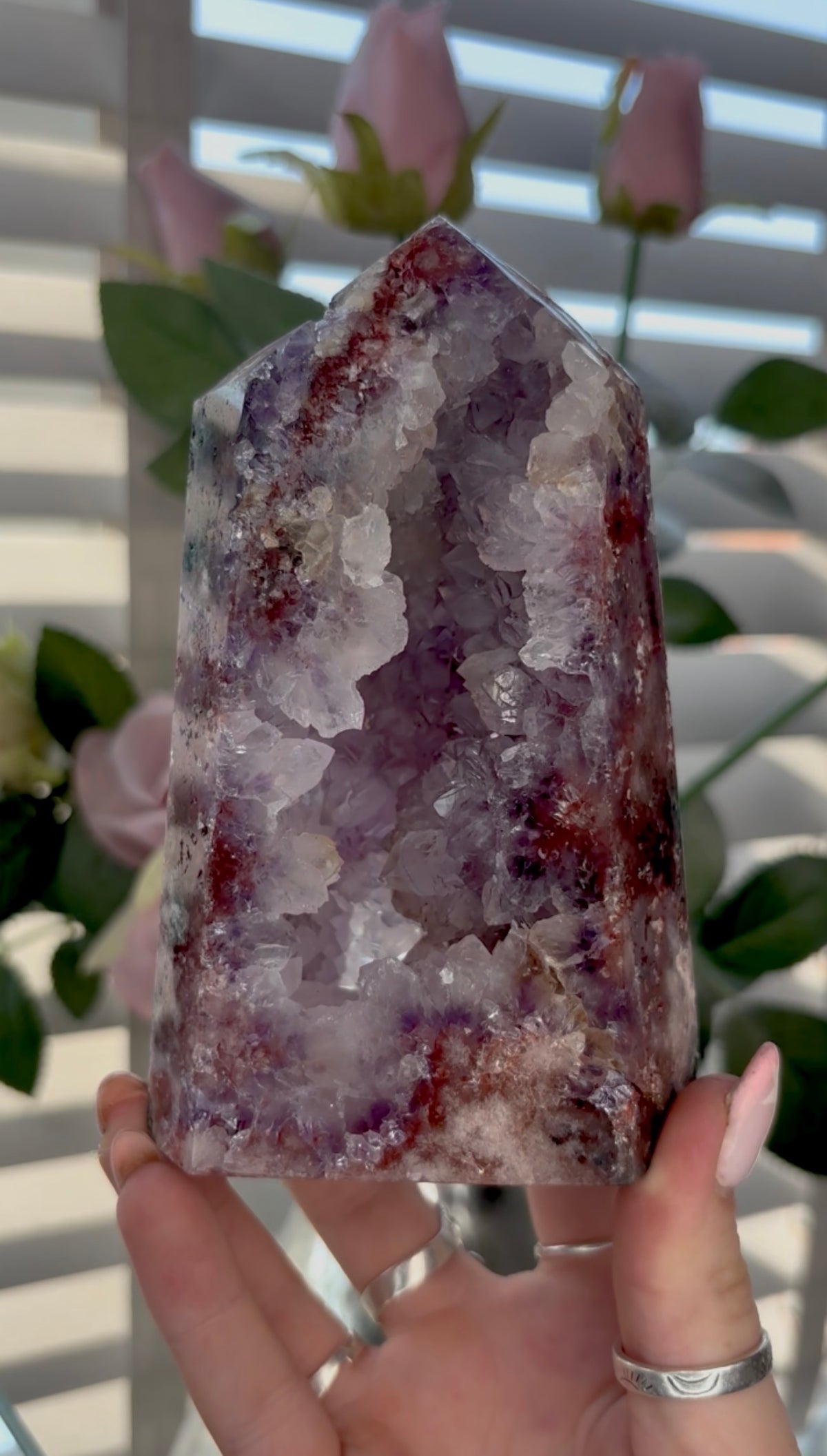 Beautiful, high quality, Pink amethyst tower with quartz in purple& red tones with Green jasper - 13.5cm by 8cm