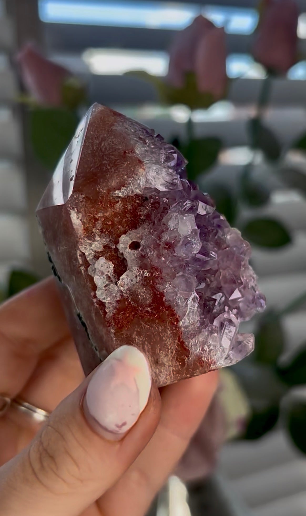 Beautiful, high quality, chonky Pink amethyst tower with purple quartz & Green jasper