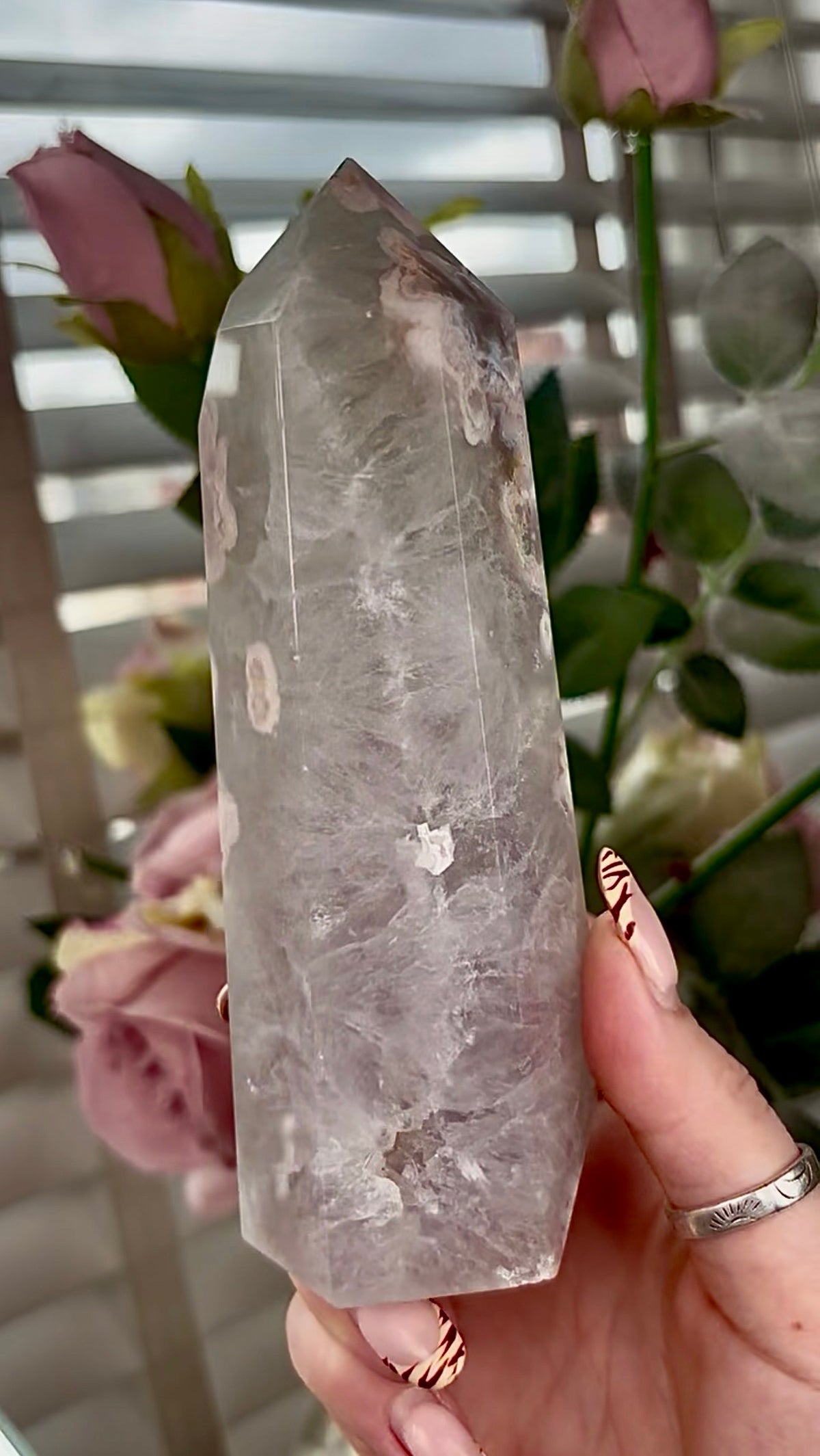 Stunning!! Super high quality, Druzy, green chlorite x blue flower agate tower