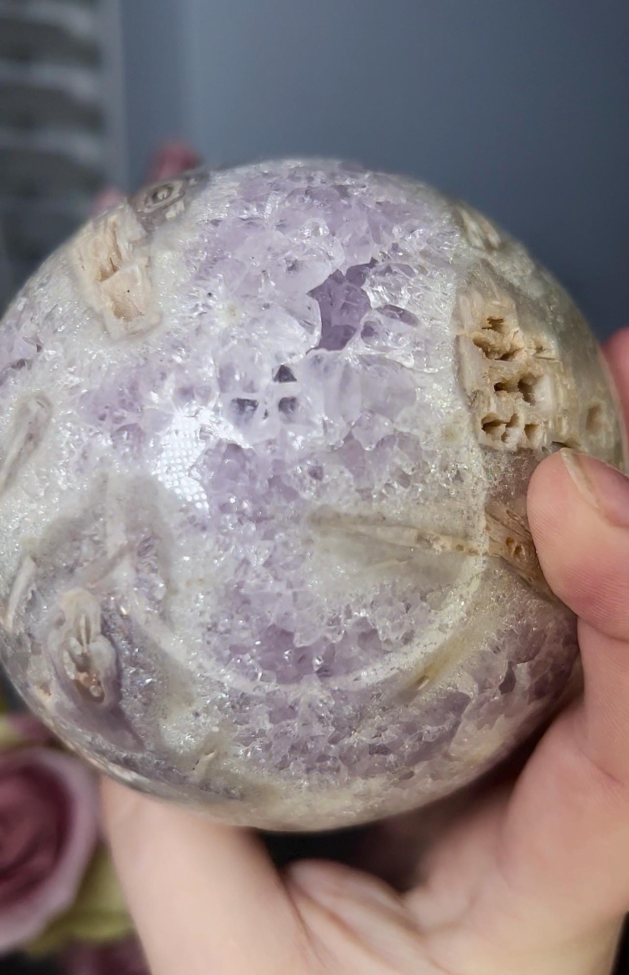 large, statement pink amethyst sphere with rutile formations and agate byover 1.220kg