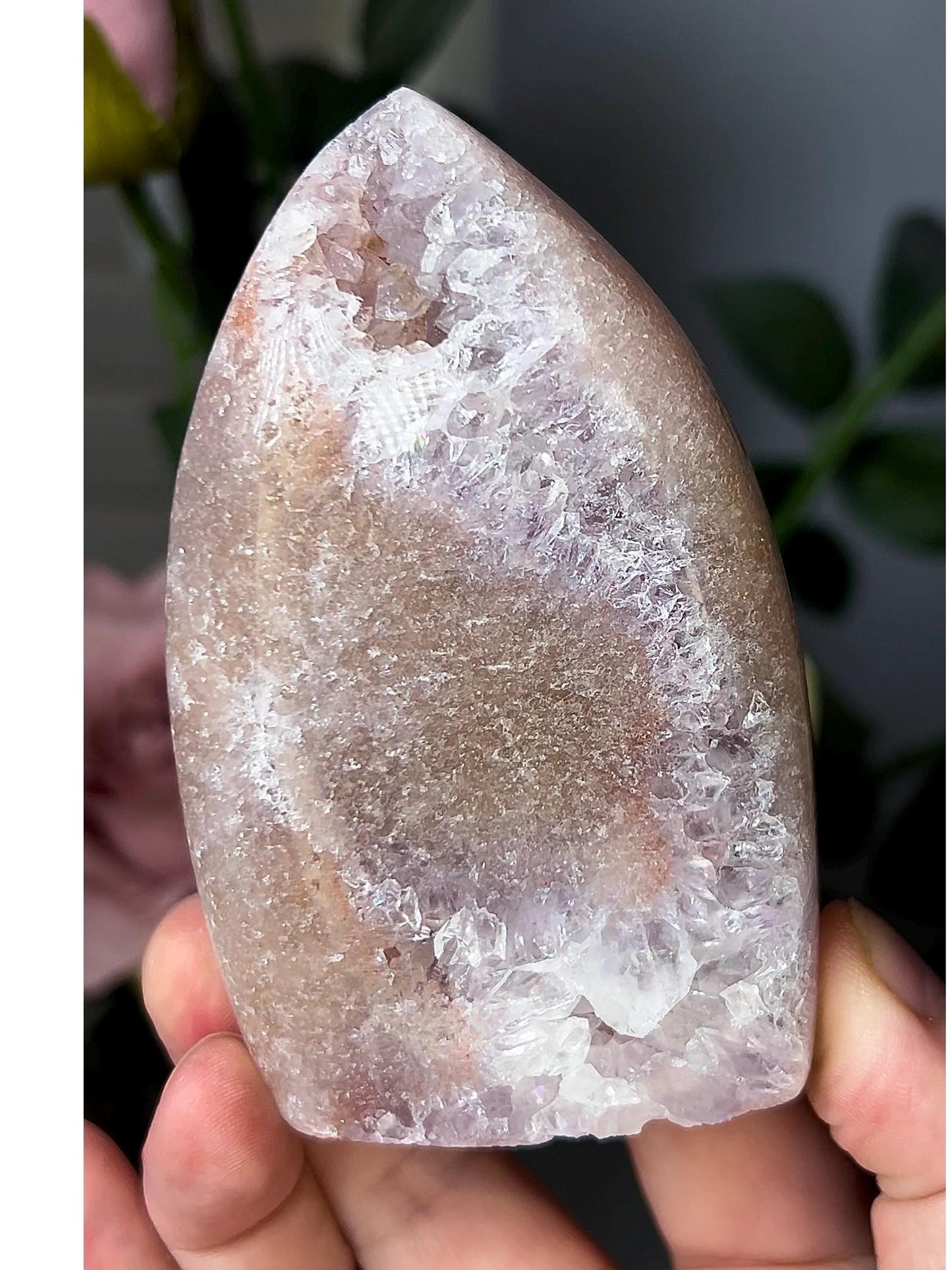 High grade, pink amethyst flame with rainbow quartz