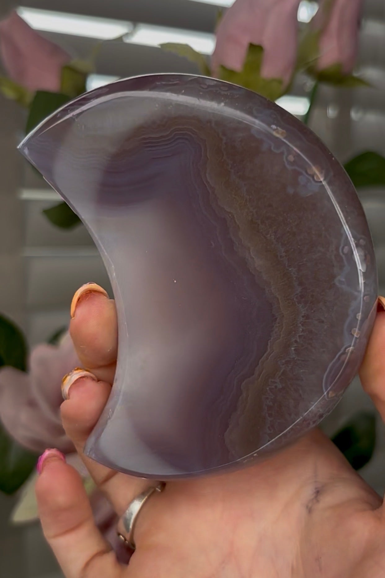 Beautiful, agate moon with druzy - comes with stand