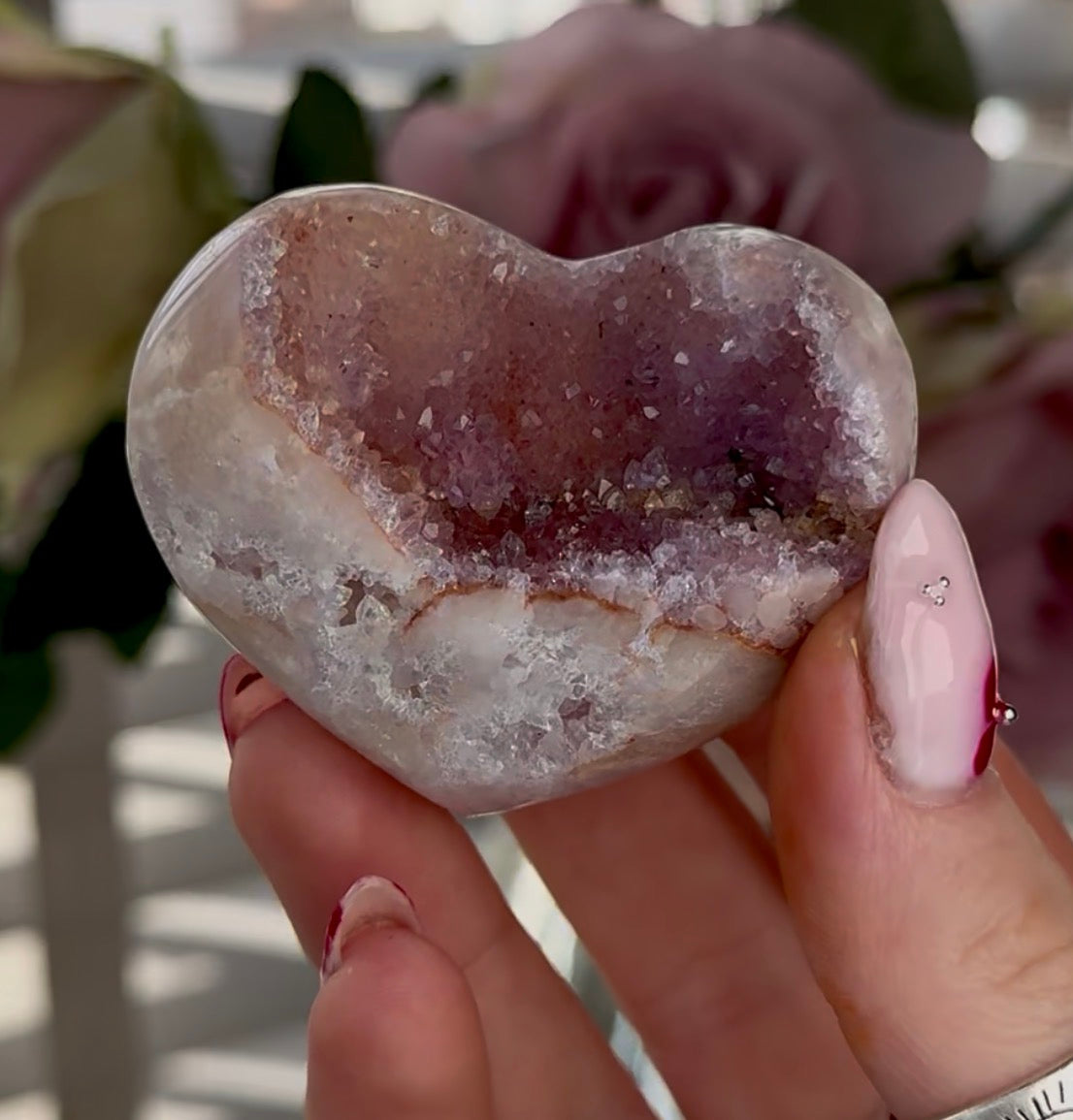 Hq mini pink amethyst heart with druzy - comes with stand