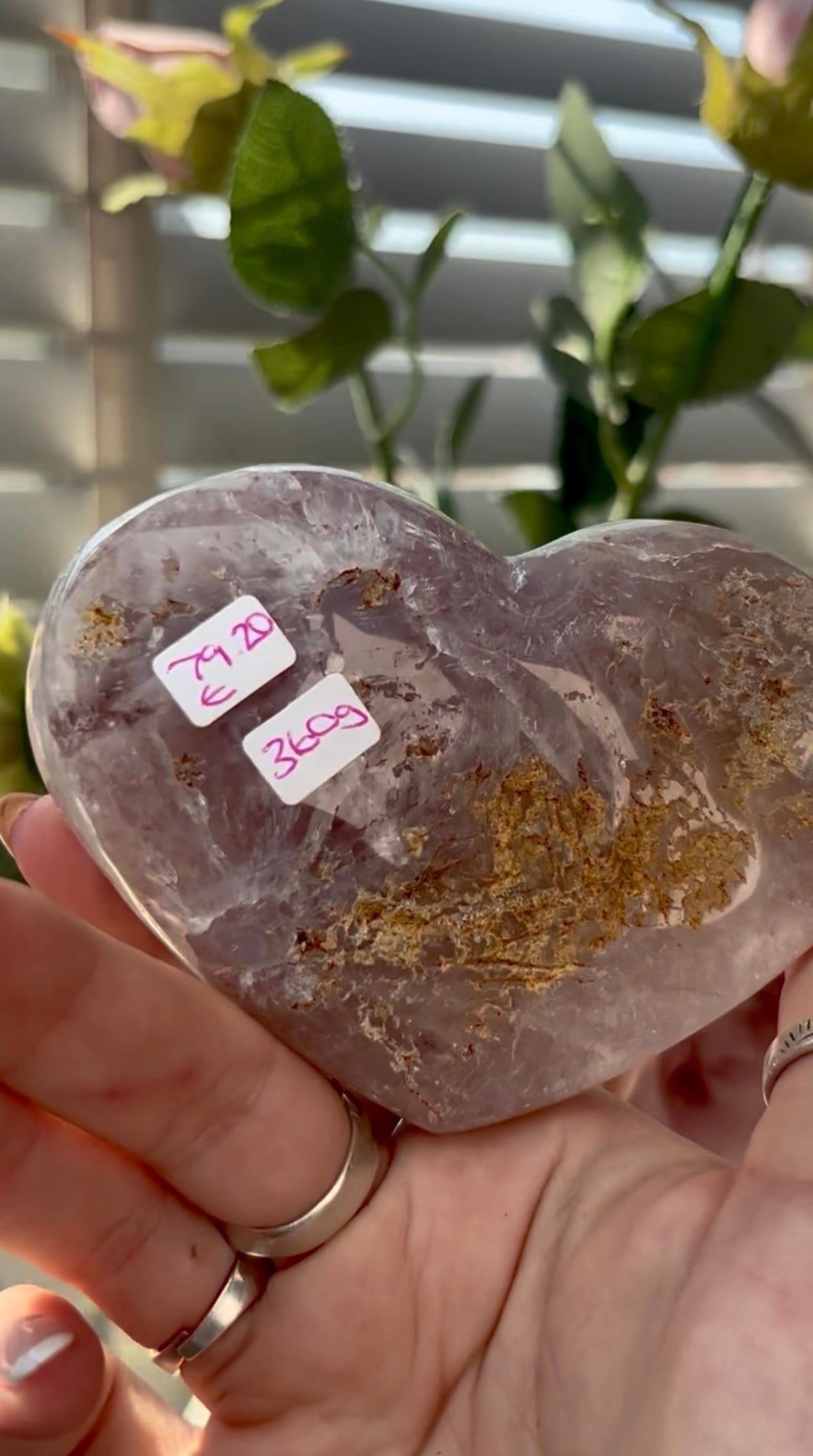 Gorgeous, druzy pink amethyst heart- comes with stand