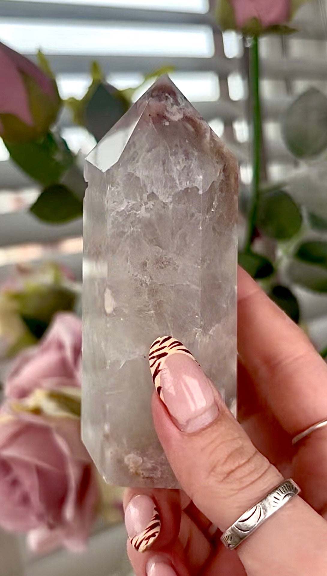 Stunning!! Super high quality, Druzy, green chlorite x blue flower agate tower