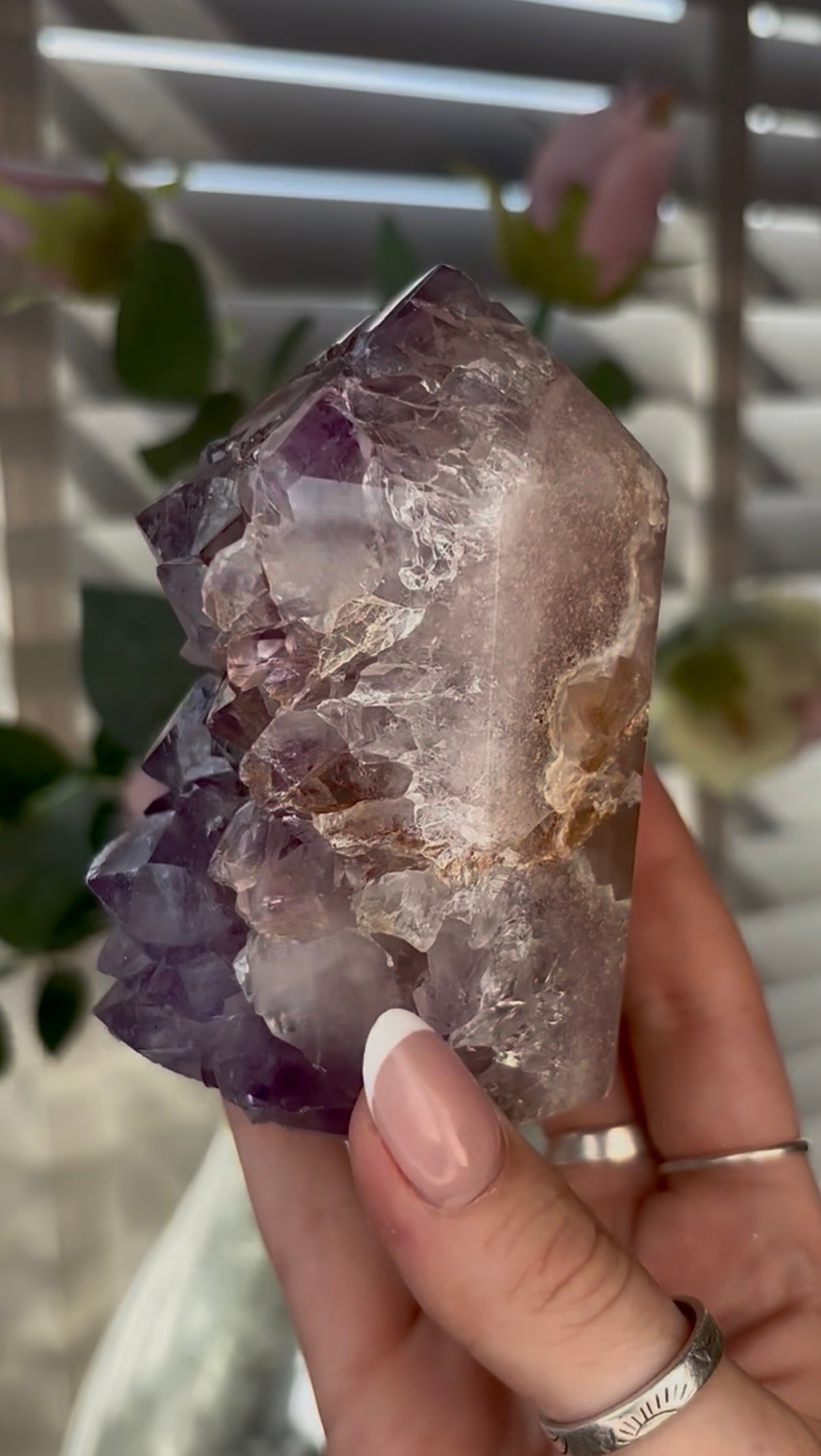 Beautiful, chunky Pink amethyst tower with purple quartz 9.5cm(h) by 6cm(w)