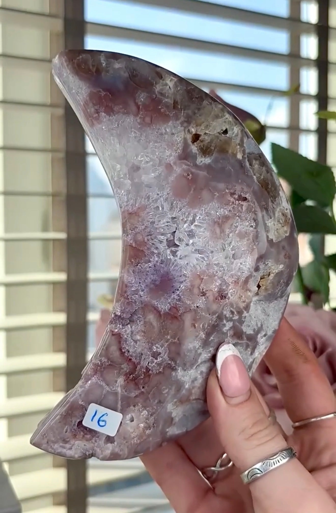High grade, pink amethyst moon with quartz - comes with stand