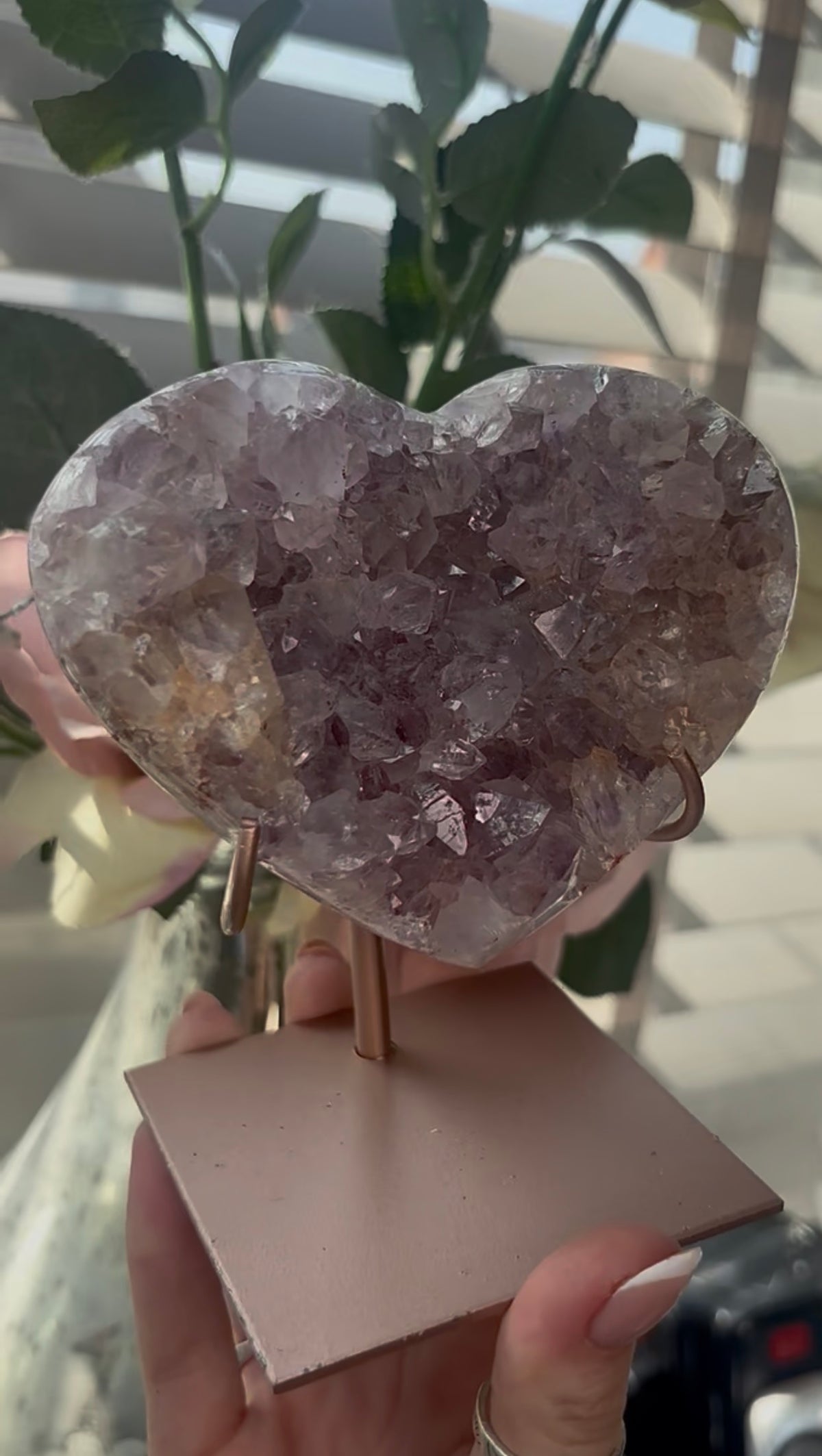 Gorgeous, high quality, pink amethyst heart with lilac quartz - comes with stand