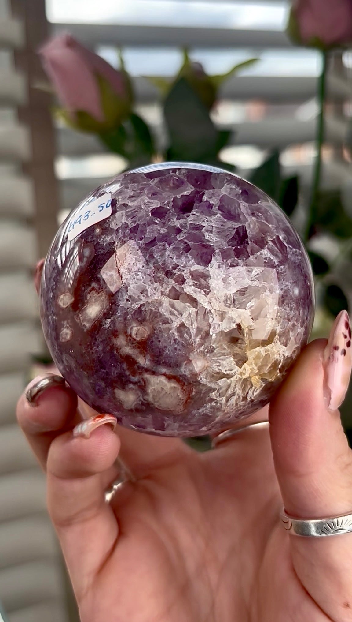 High grade, amethyst Flower agate sphere with high clarity quartz
