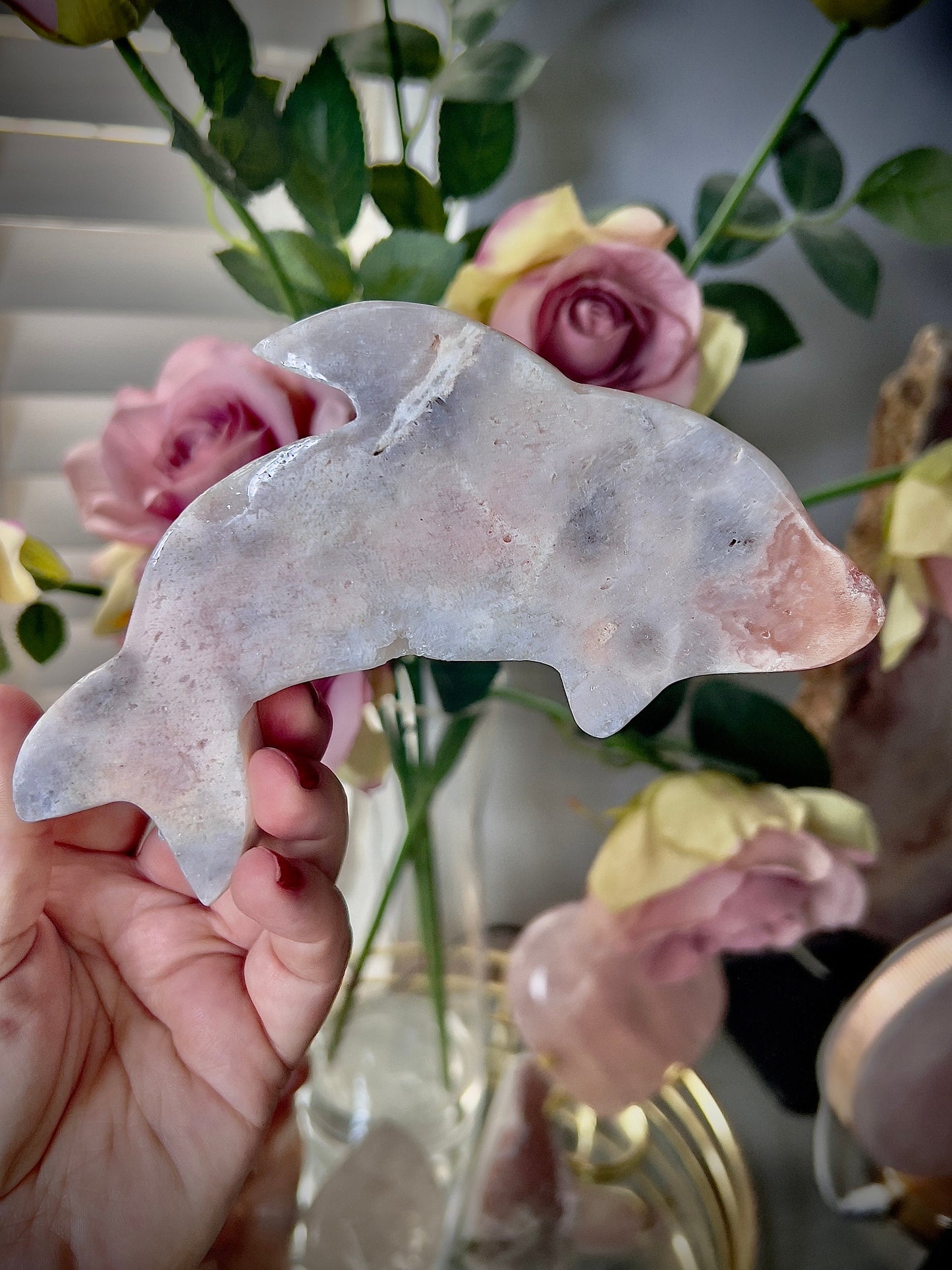 High grade, pink amethyst dolphin carving