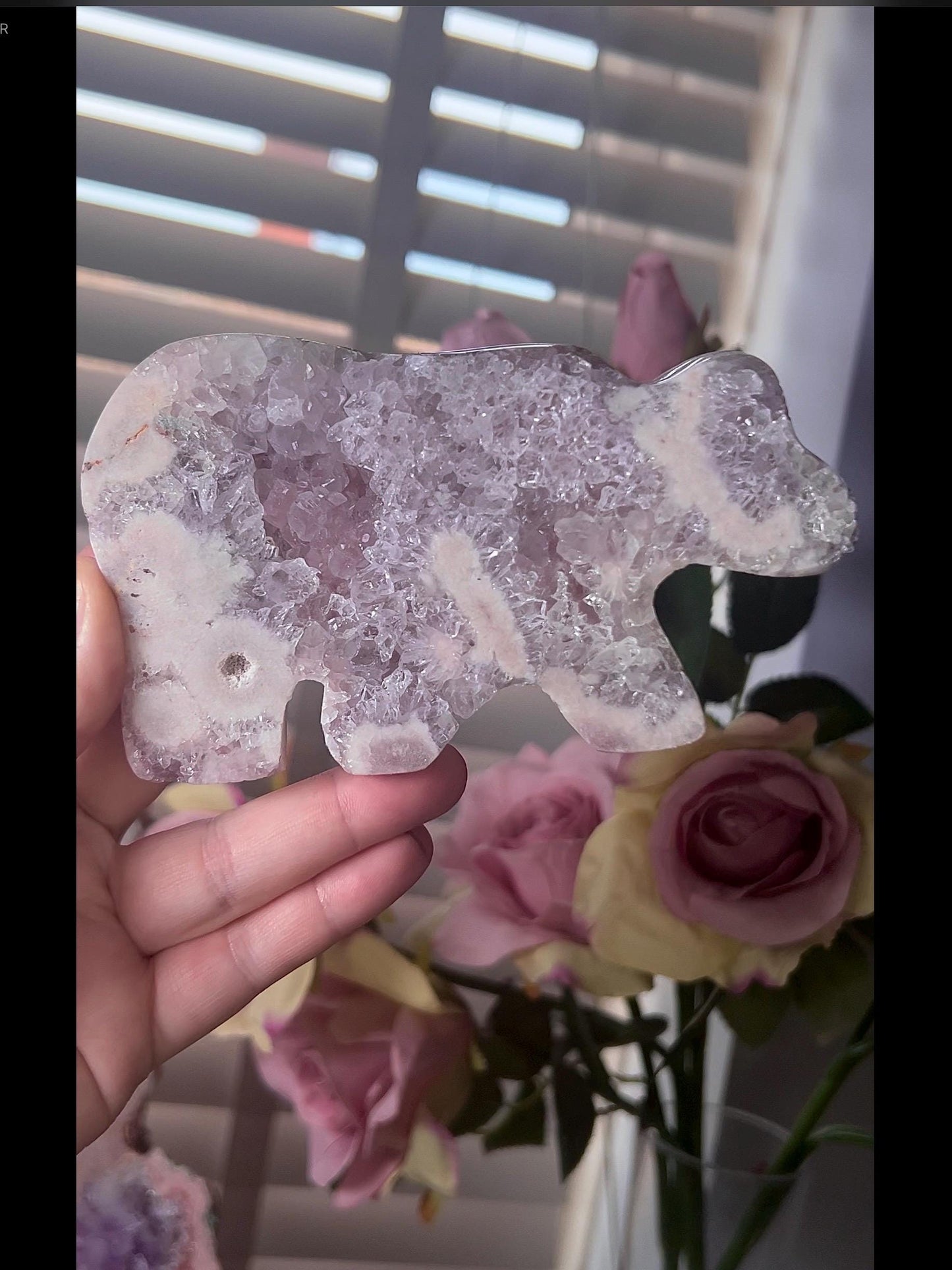 High grade, pink amethyst bear carving with lavender quartz druzy