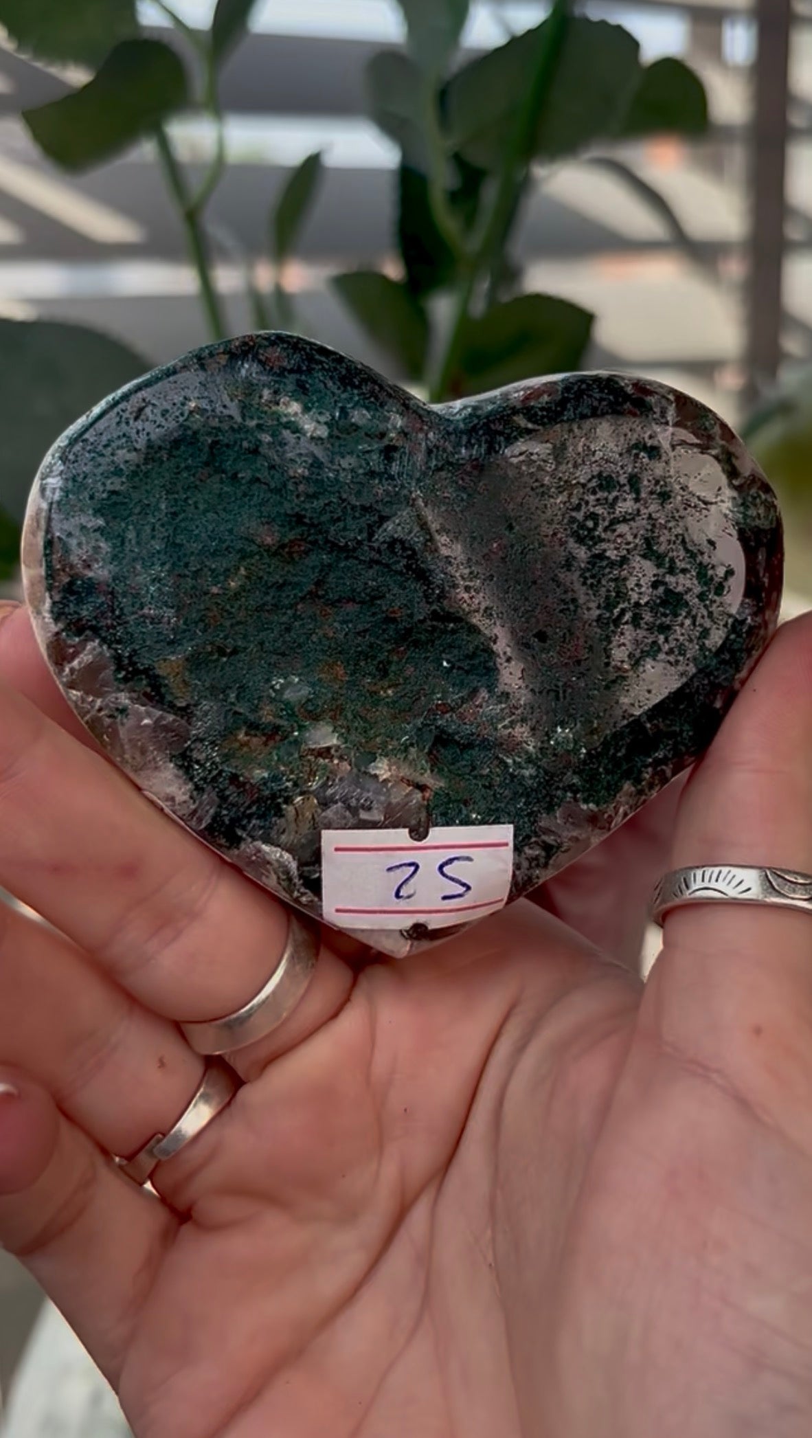 Gorgeous, high quality, pink amethyst heart with Jasper - comes with stand
