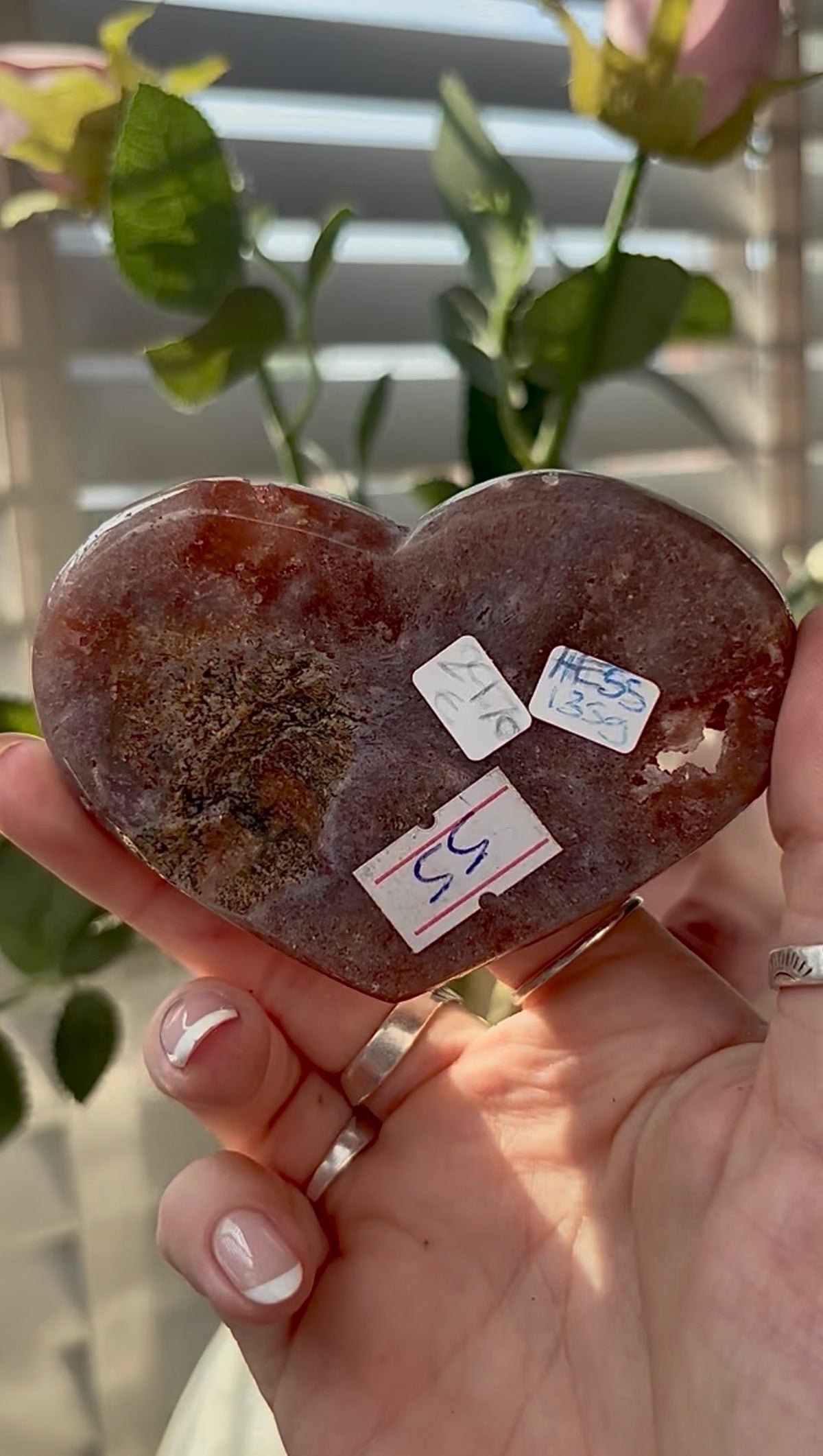 Gorgeous, high quality, berry red pink amethyst heart- comes with stand