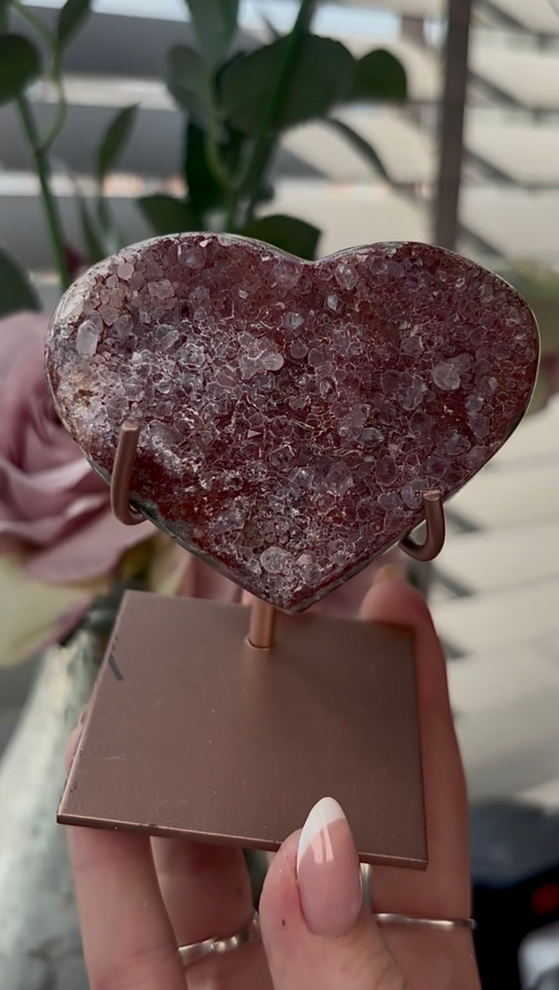 Gorgeous, pink amethyst heart with Jasper - comes with stand