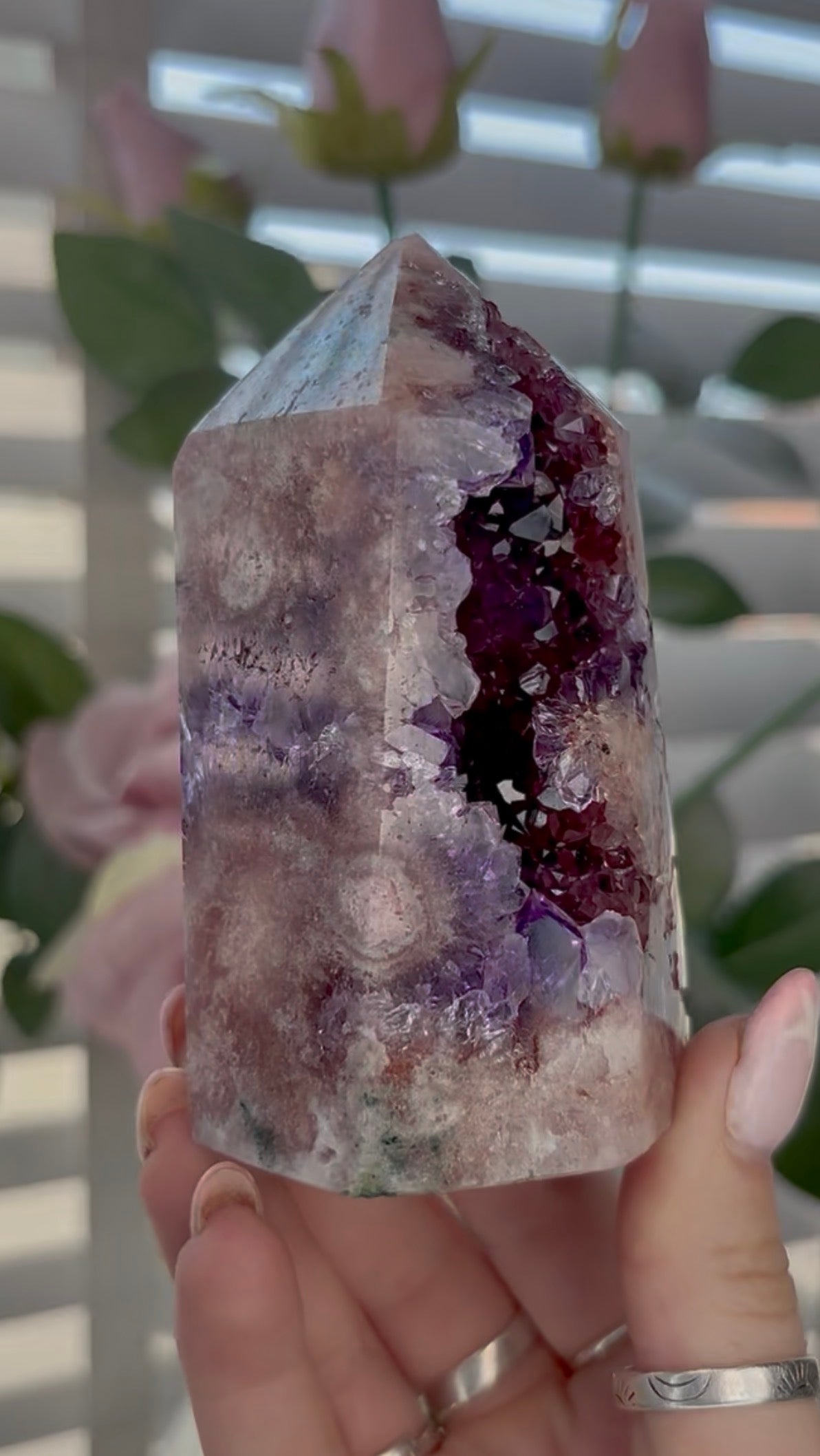 Beautiful, high quality, Pink amethyst tower with purple quartz 10cm