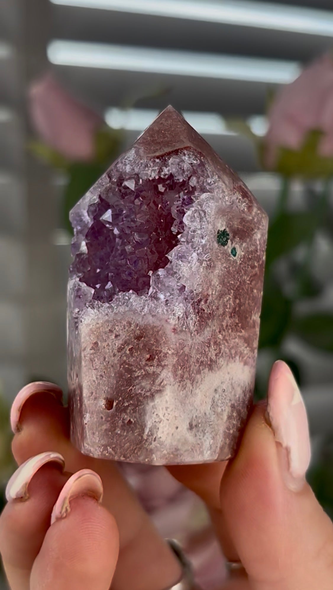 Beautiful, high quality, Pink amethyst tower with purple quartz druzy - 6.3cm by 3.5cm