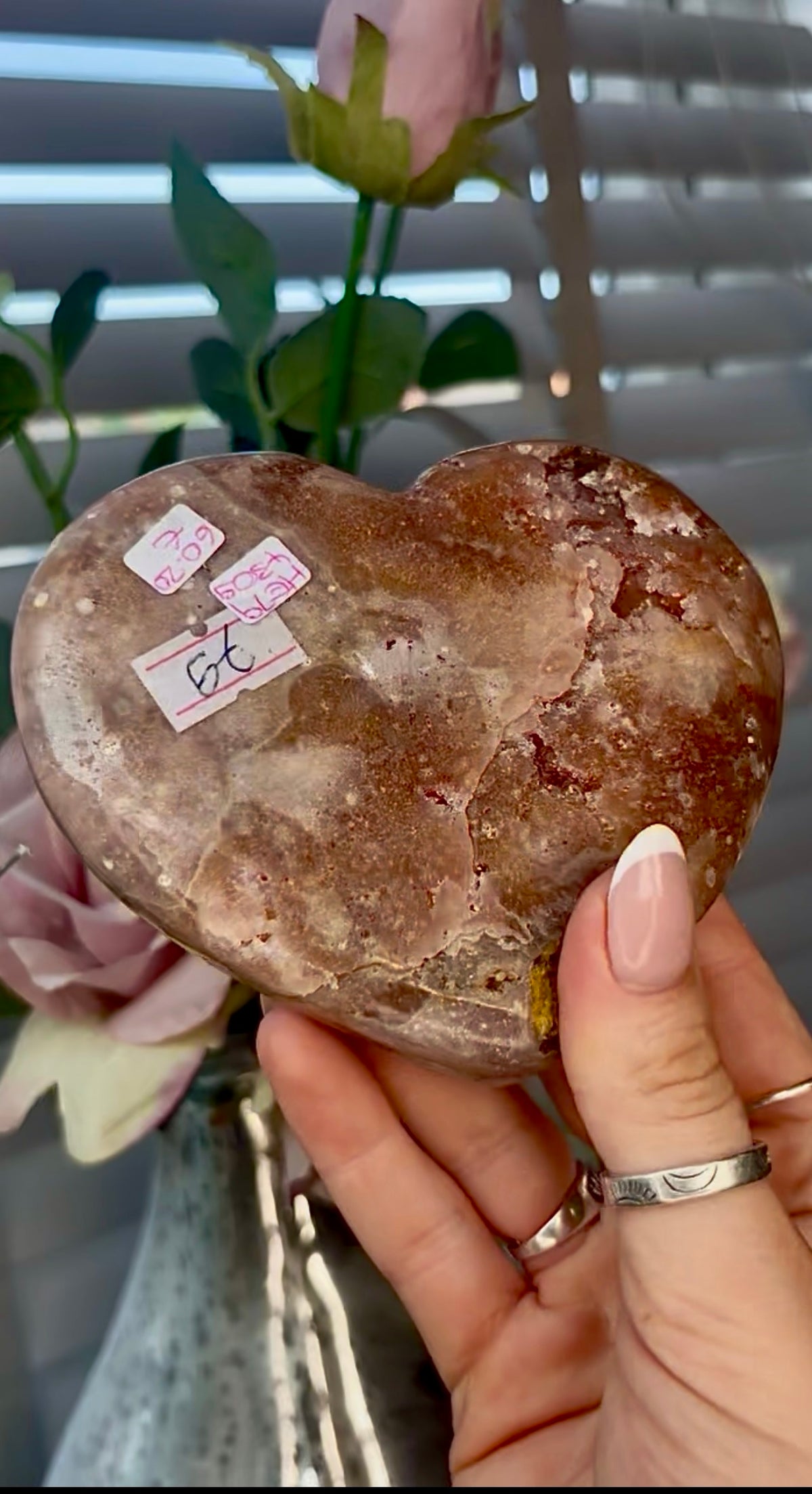 Gorgeous, pink amethyst heart- comes with stand