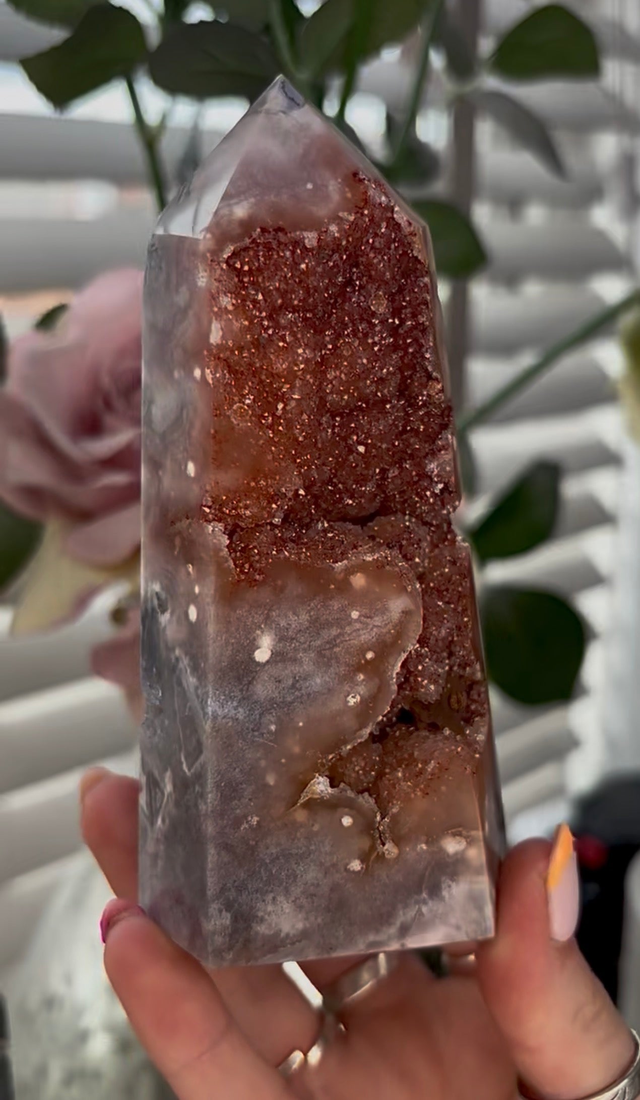 Beautiful, large, high quality, Pink amethyst tower with burnt orange/red druzy