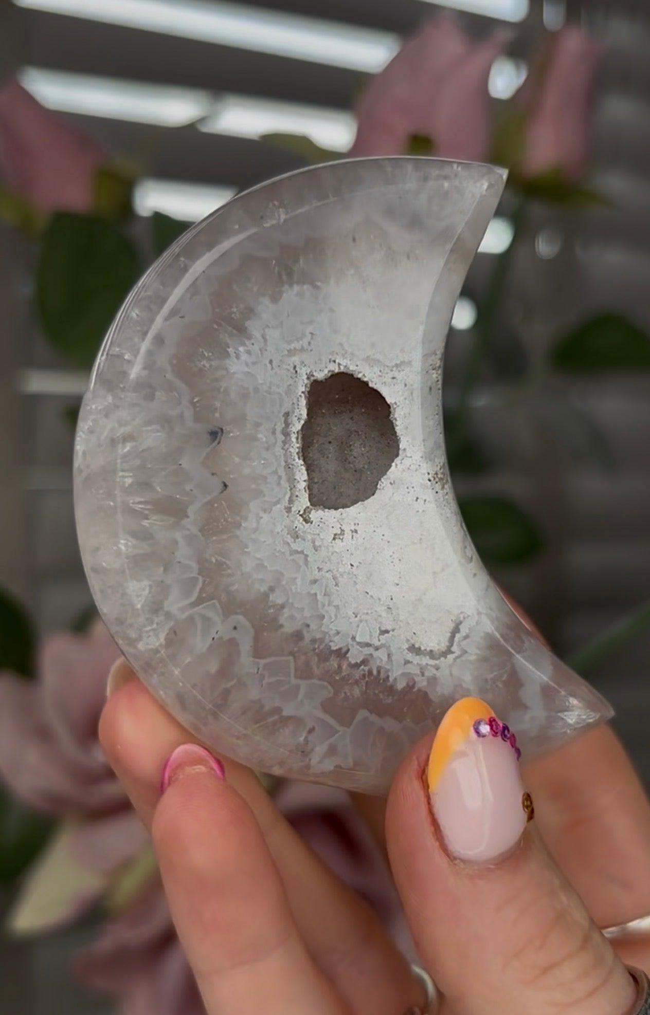 Beautiful, agate moon with druzy - comes with stand