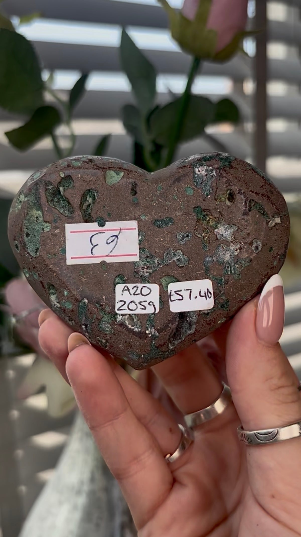 Gorgeous, high quality, pink amethyst heart with Jasper - comes with stand
