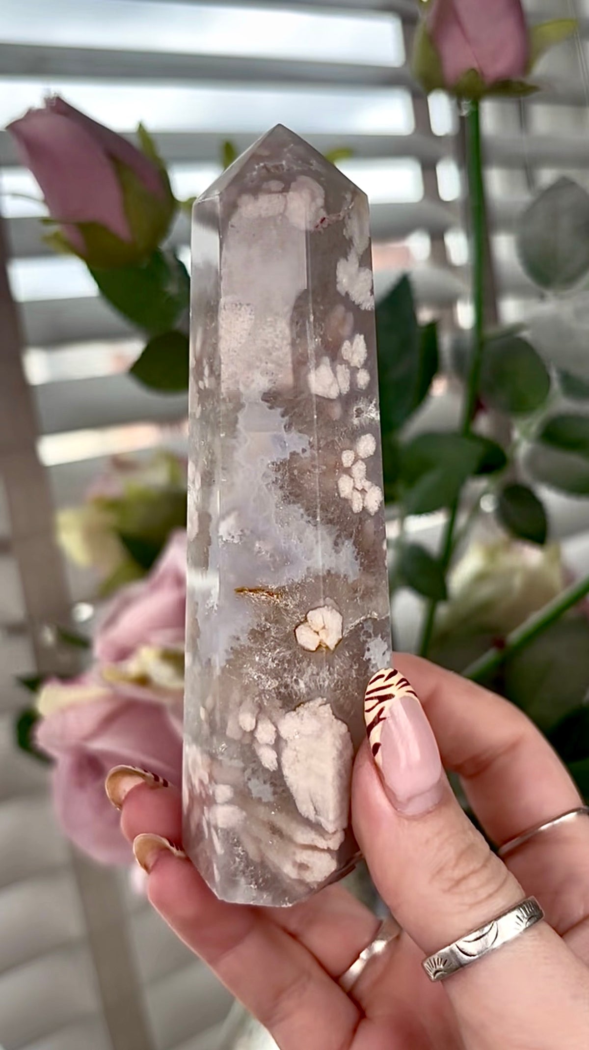 Stunning!! Super high quality, Druzy, green chlorite x blue flower agate tower