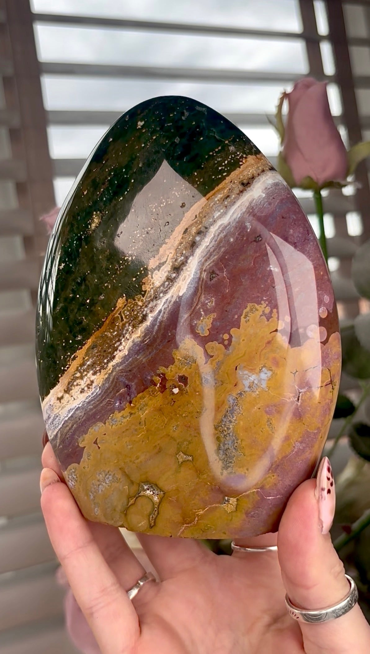 High quality, purple, mustard & green ocean jasper Freeform 13.5cm(h) 10cm(w)