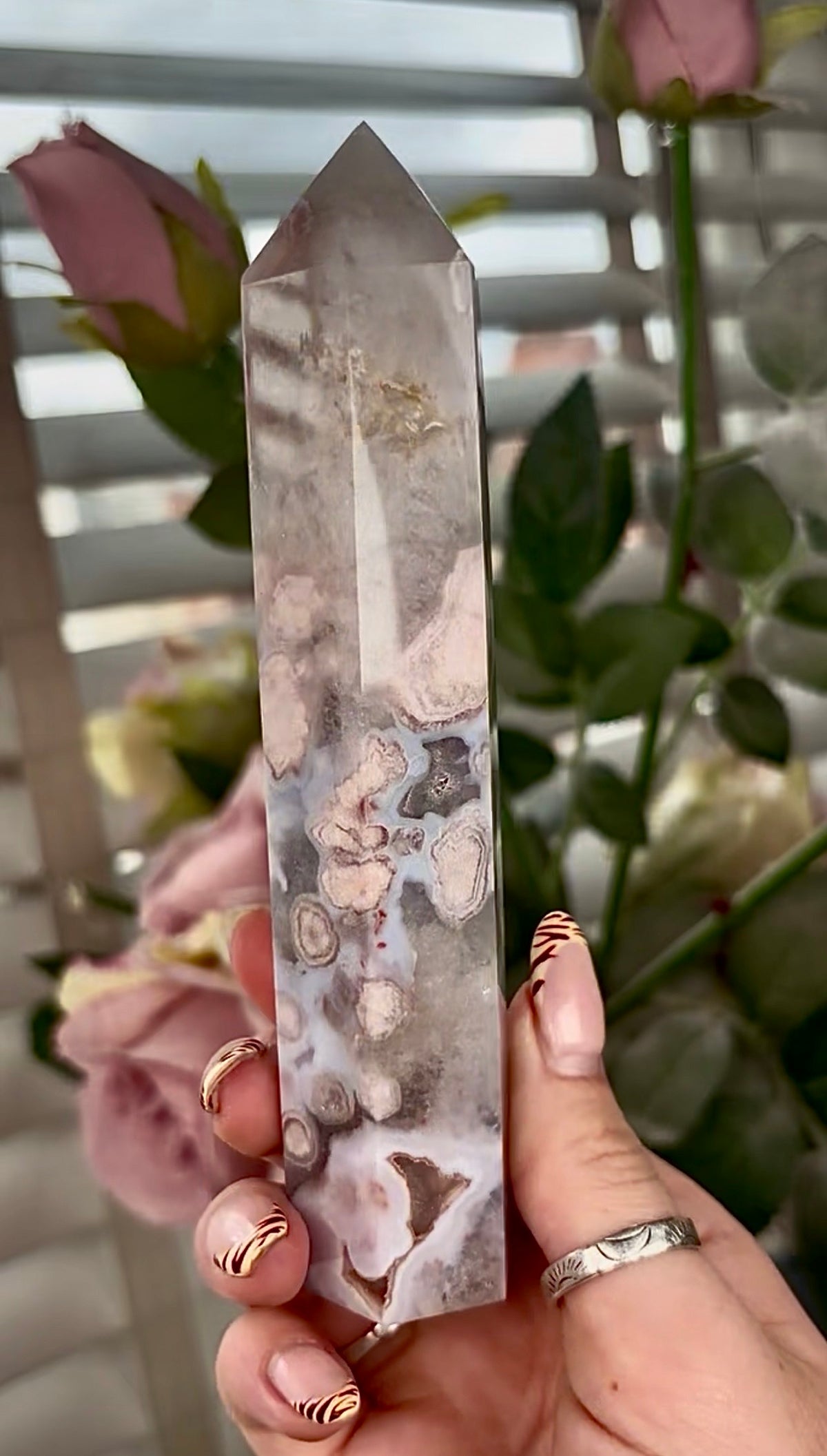 Stunning!! Super high quality, Druzy, green chlorite x blue flower agate tower