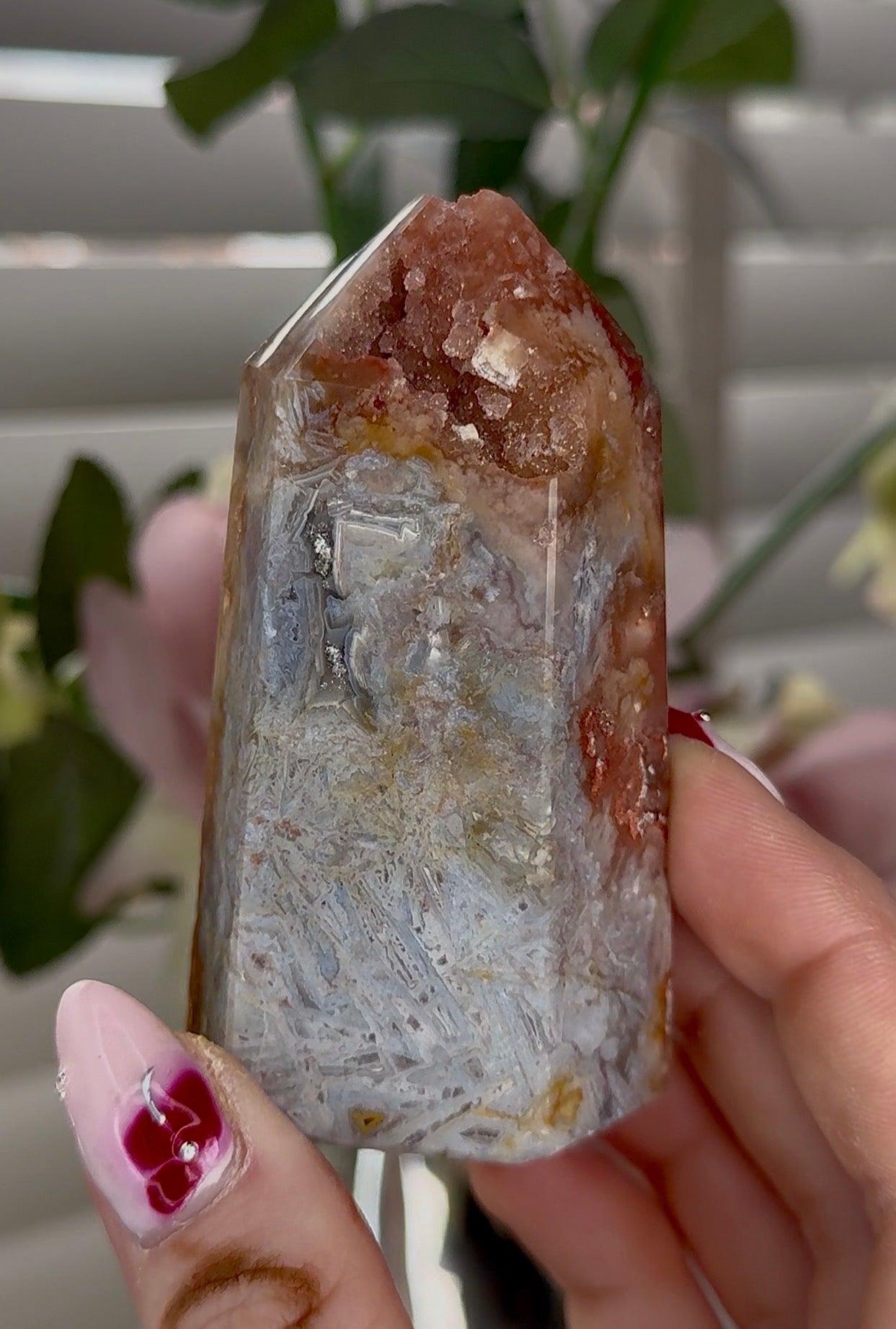 Pink amethyst tower with with agate & golden healer inclusions 8cm by 4.5cm