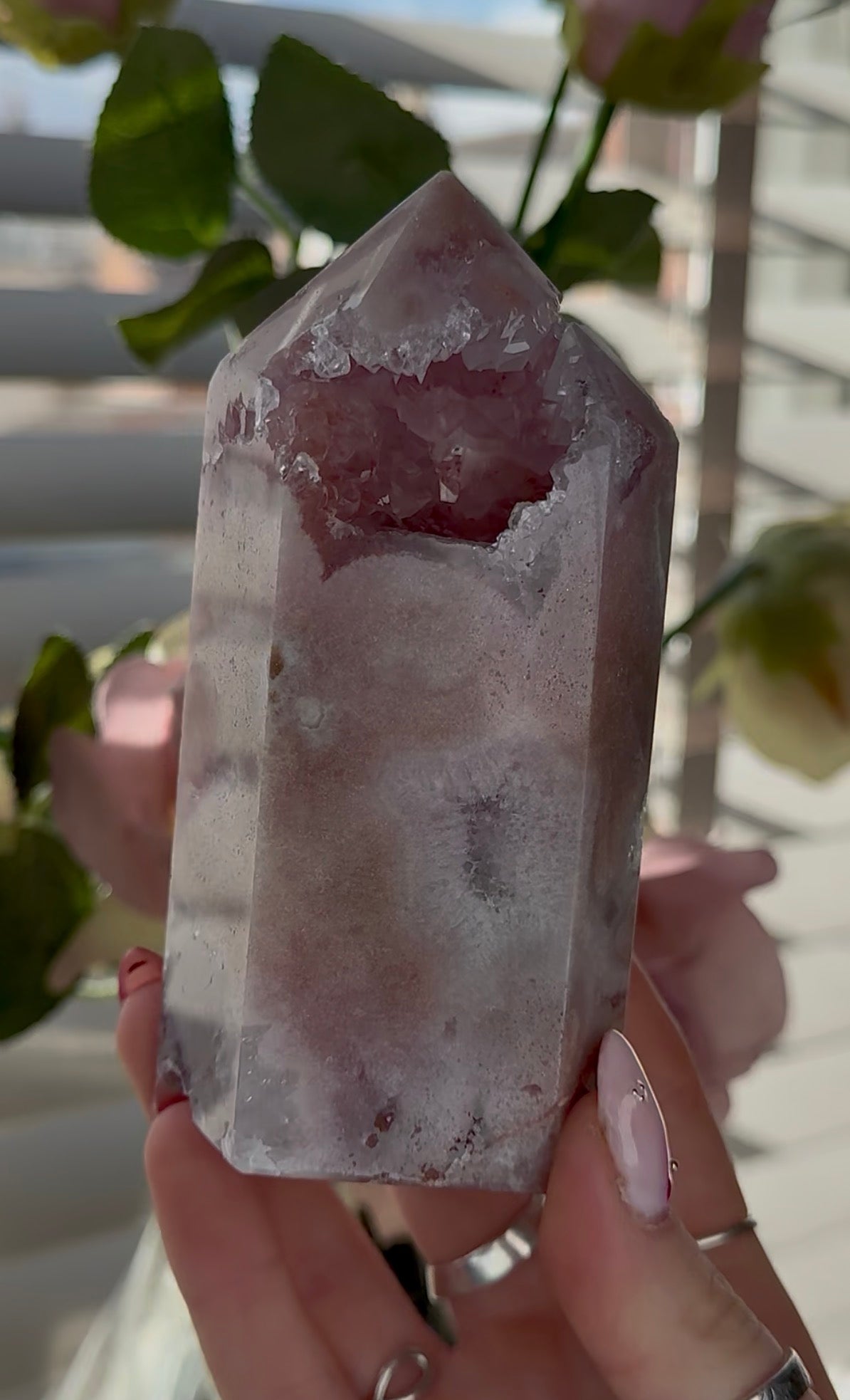 Pink amethyst tower with quartz 12cm(h) 6cm(w)