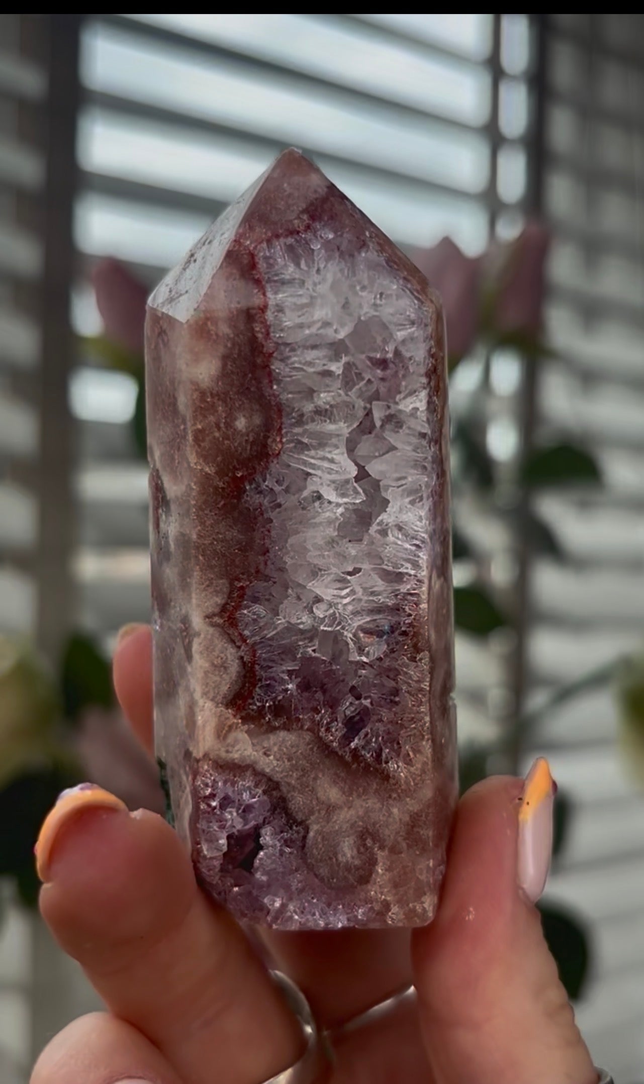 High quality, Pink amethyst tower, with quartz & Green jasper