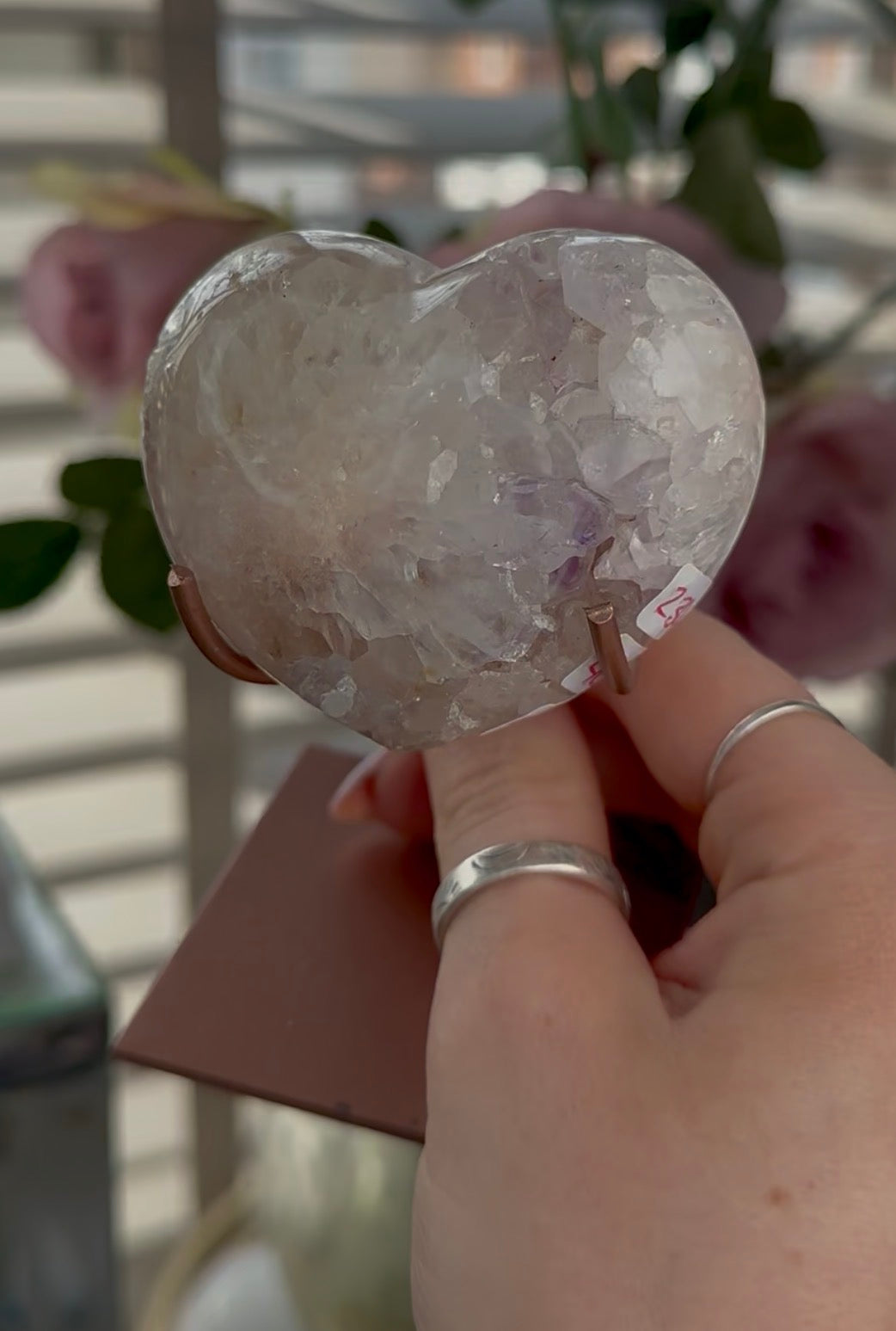 pink amethyst heart - comes with stand