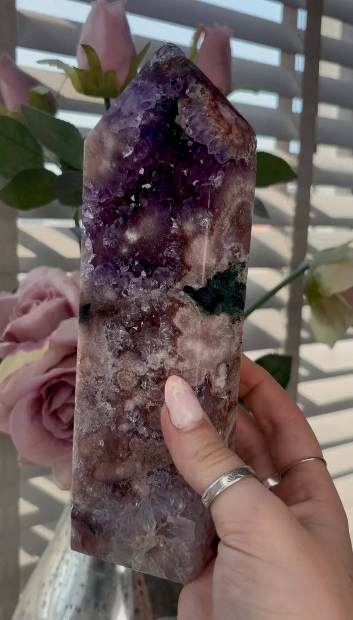 Beautiful, high quality, huge, Pink amethyst tower with purple quartz & Green jasper - 22cm