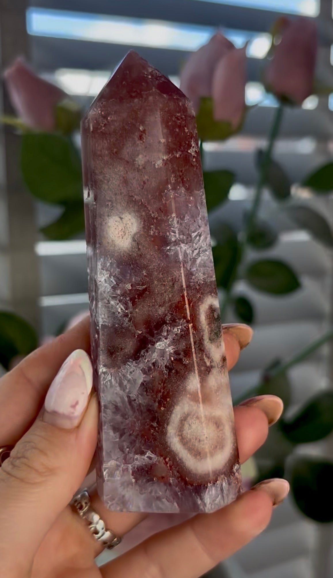 Beautiful, high quality, Pink amethyst tower with quartz & Green jasper