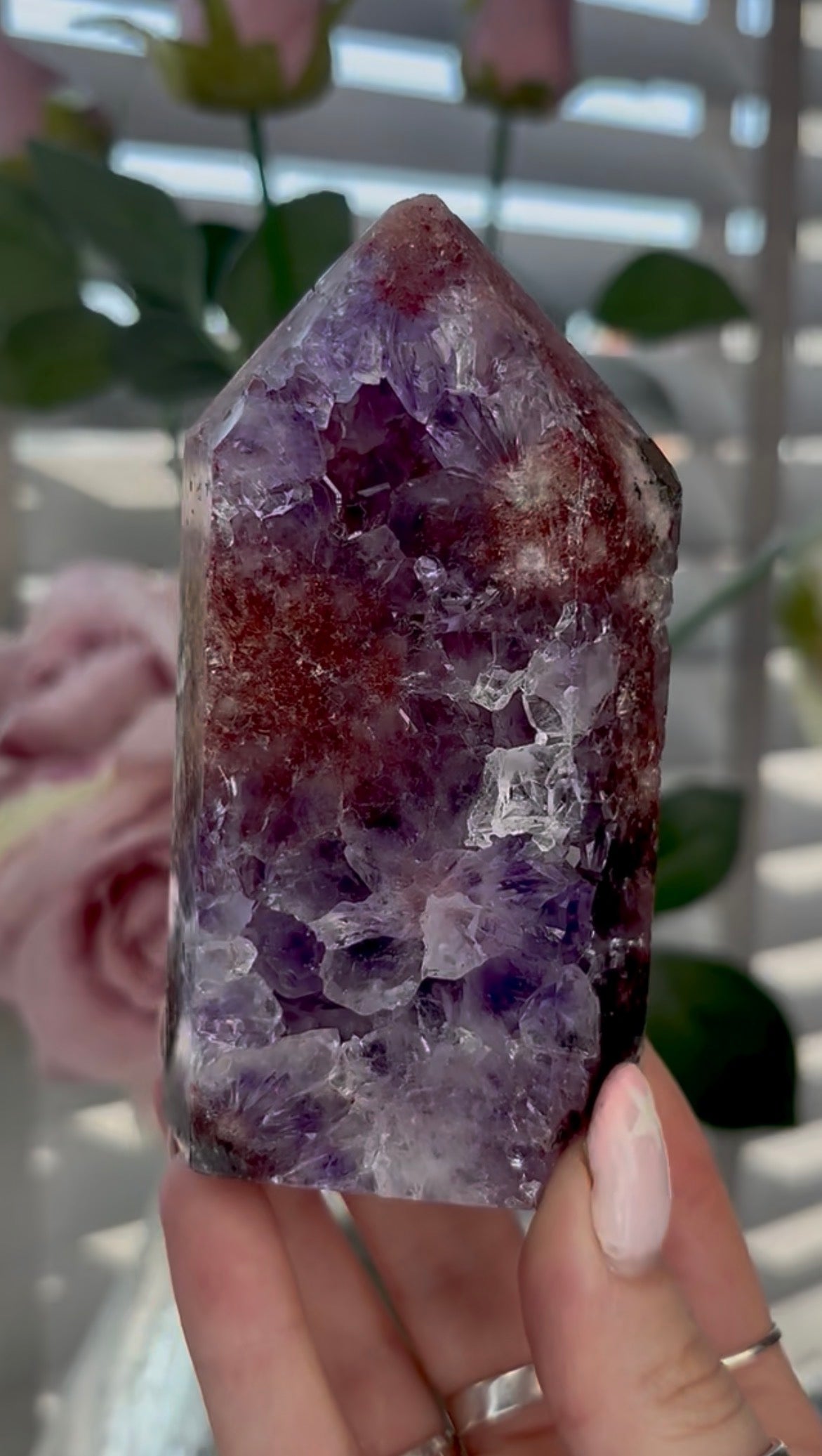 Beautiful, high quality, Pink amethyst tower with red tones, purple quartz & Green jasper 11cm