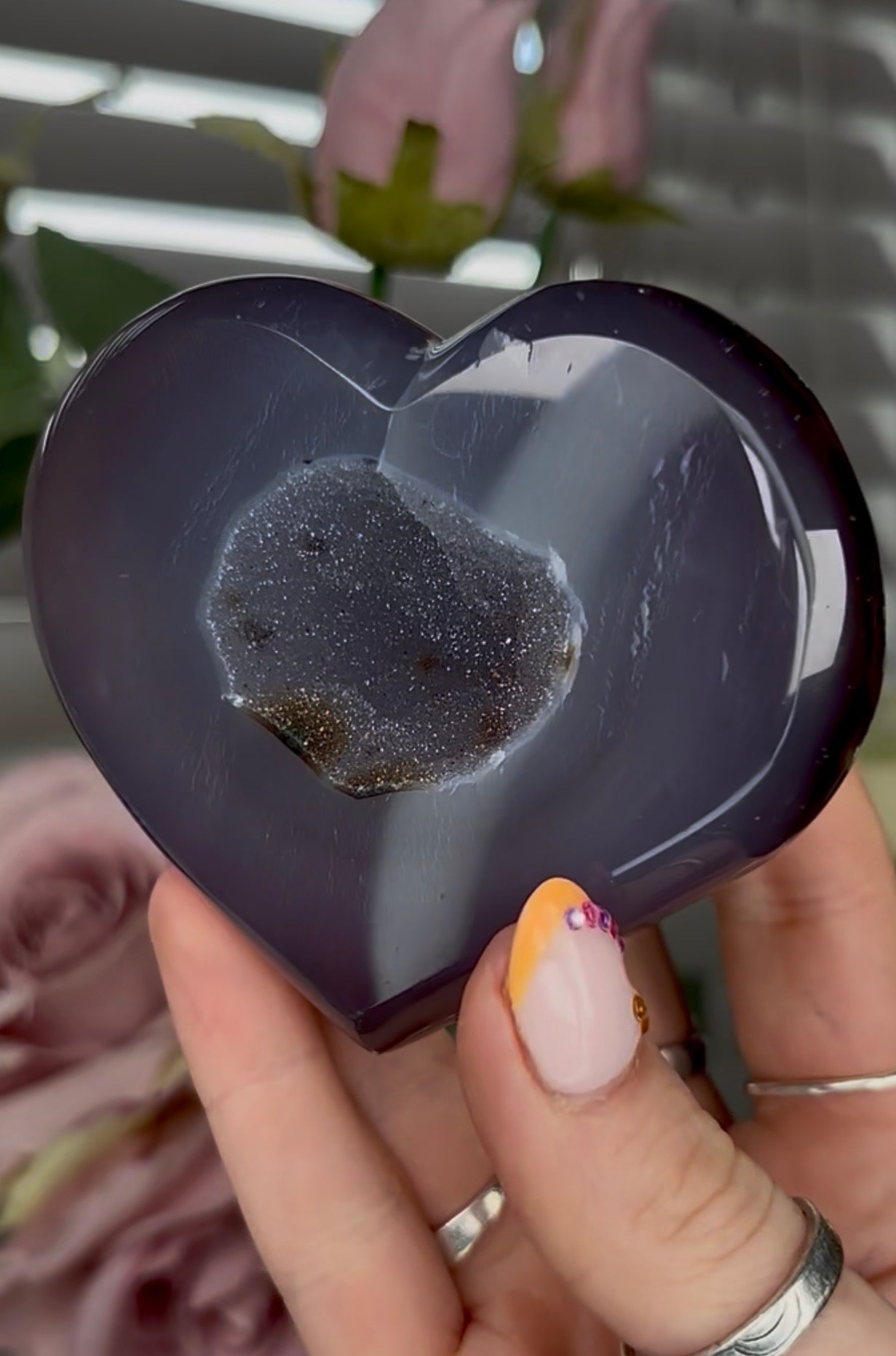 Beautiful, high grade, blue agate heart with druzy - comes with stand